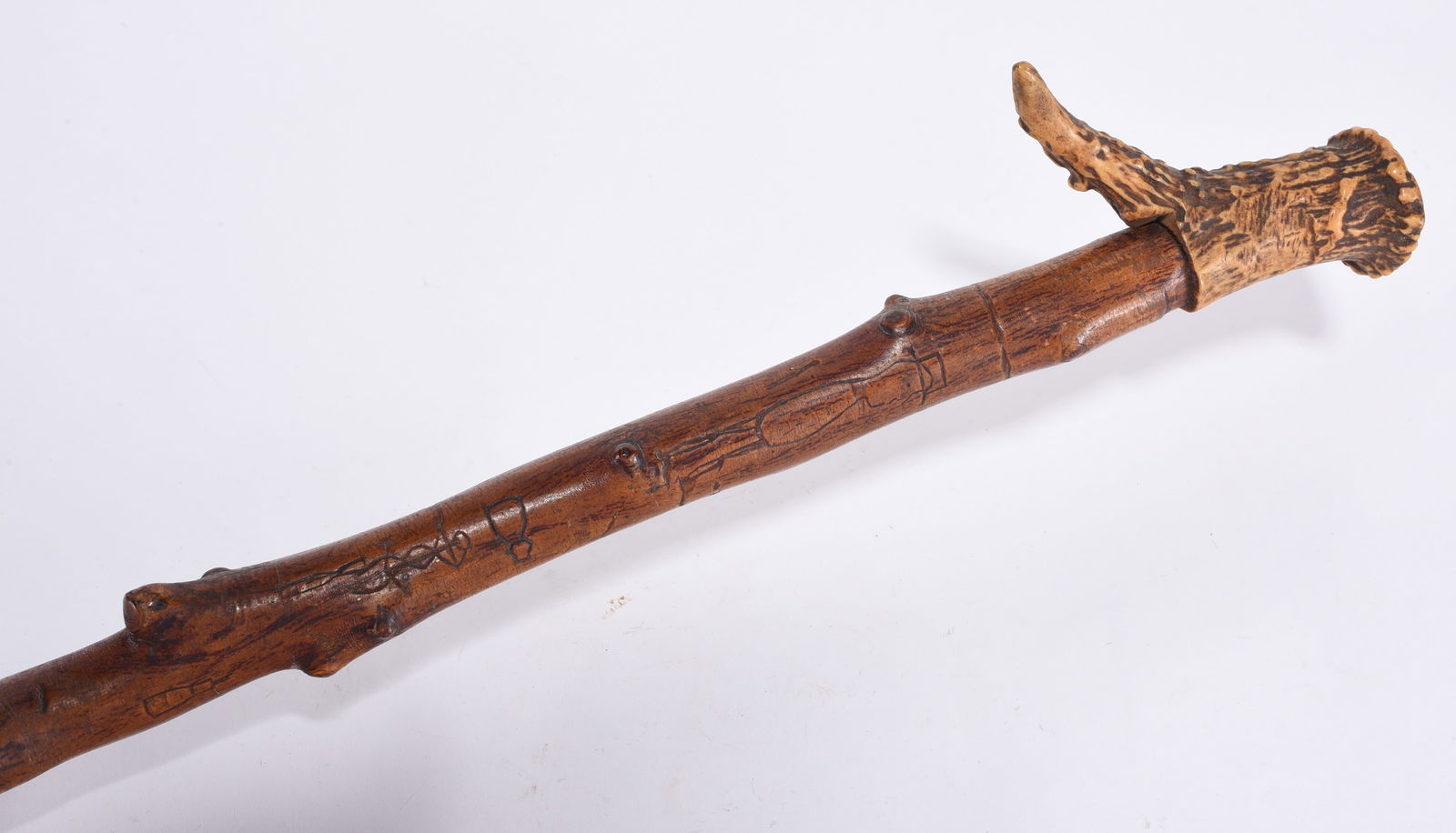 Folk Art Carved Cane Stag Handle with Drawings (1 of 3)