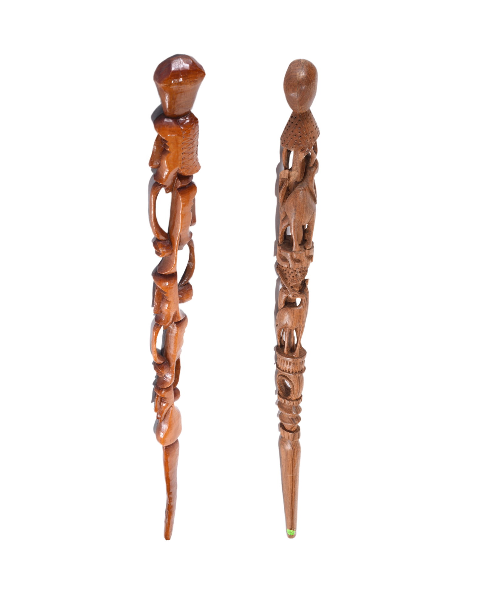 Tribal Folk Art Carved Canes: two tribal cane, ca. 1960. carved wood and stain.