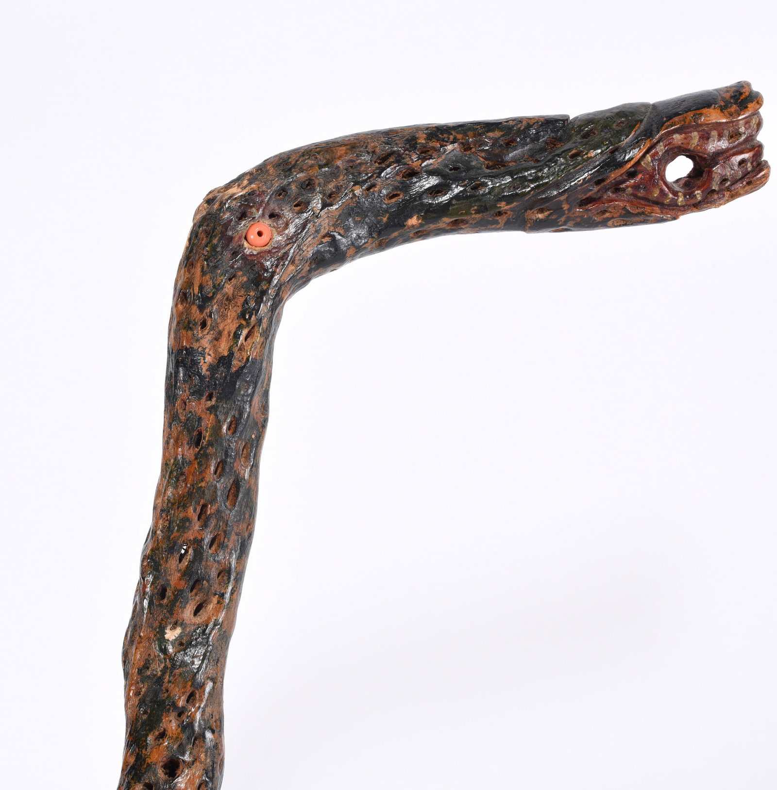 Folk Art Carved Cane: carved cane of a snake with paint and color. Ca. 1940