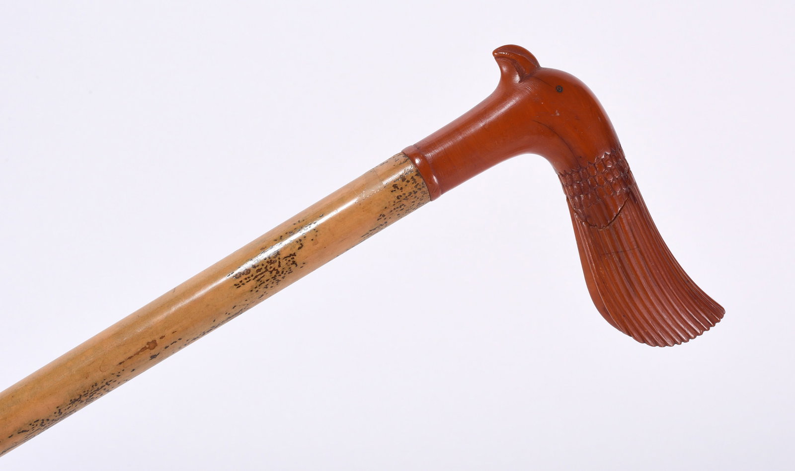 Folk Carved Bakalite Cane: carved bird cane. Red bakalite or some other early material. Ca. 1940