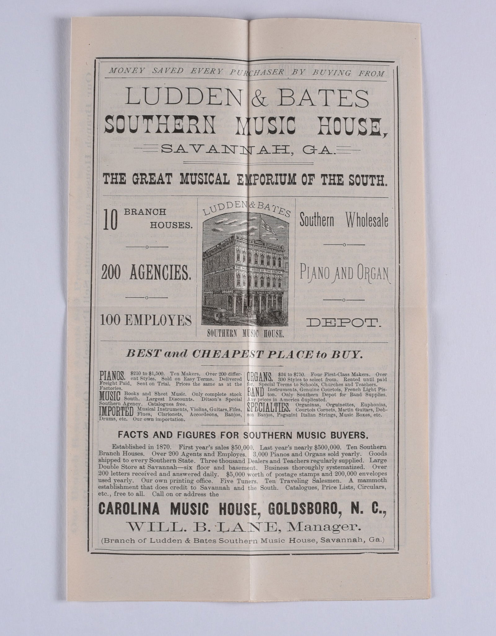 Ludden & Bates Southern Music House Advertisement: these items are all fresh from an attic clean out. This is some very early Ephemera and paper. Please look close at all items we may have missed a good one and put it in a group! All items can be ship