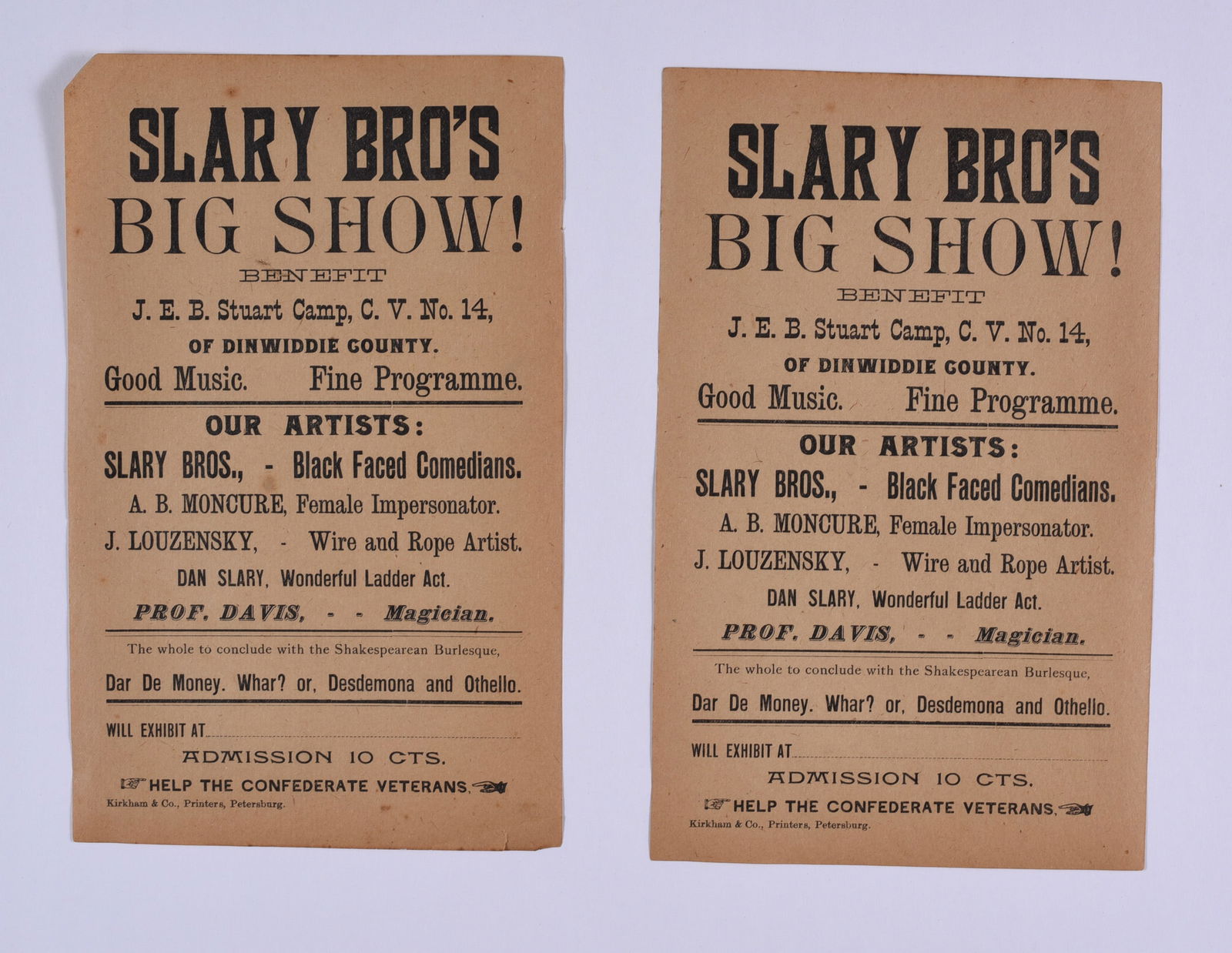 Broadside for Slary Bro's Big Show Black Faced Comedians: these items are all fresh from an attic clean out. This is some very early Ephemera and paper. Please look close at all items we may have missed a good one and put it in a group! All items can be ship
