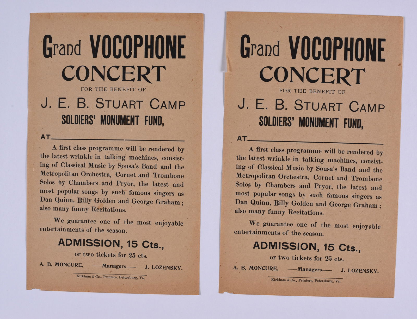 Broadside for JEB Stuaart Camp: these items are all fresh from an attic clean out. This is some very early Ephemera and paper. Please look close at all items we may have missed a good one and put it in a group! All items can be ship