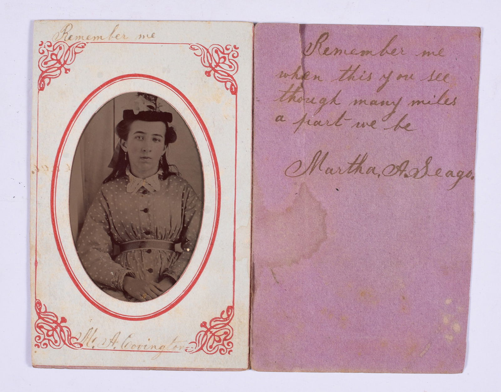 Civil Ware Carry Along Tin Type "a soilders darling): Martha Seags writing to her lover "Remember me when this you see though many miles a part we be".