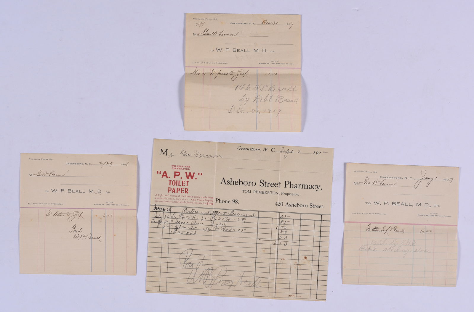Asheboro, NC Early 20th Century Pharmacy Ephemera: these items are all fresh from an attic clean out. This is some very early Ephemera and paper. Please look close at all items we may have missed a good one and put it in a group! All items can be ship