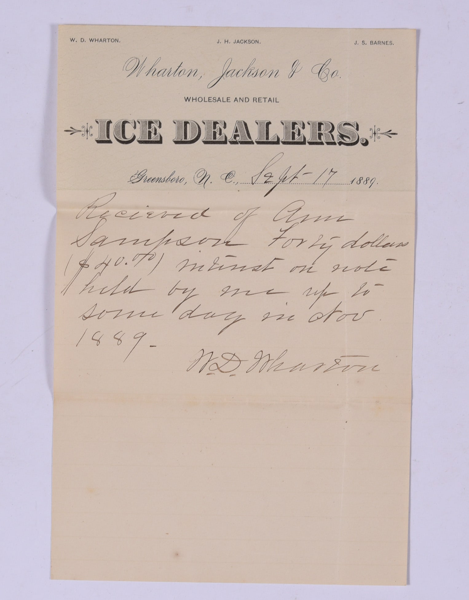 Wharton Jackson Ice Dealers Greensboro NC Document 1889: these items are all fresh from an attic clean out. This is some very early Ephemera and paper. Please look close at all items we may have missed a good one and put it in a group! All items can be ship