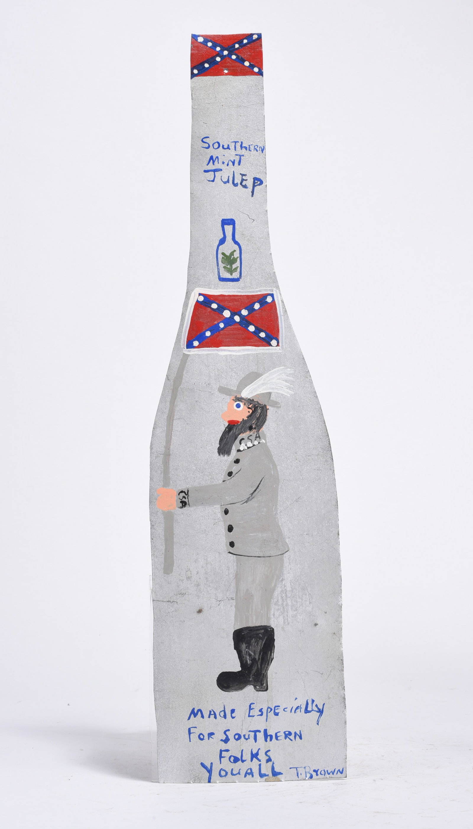 Tubby Brown Tin Cutout: Tubby Brown, signed, paint on cut out tin.