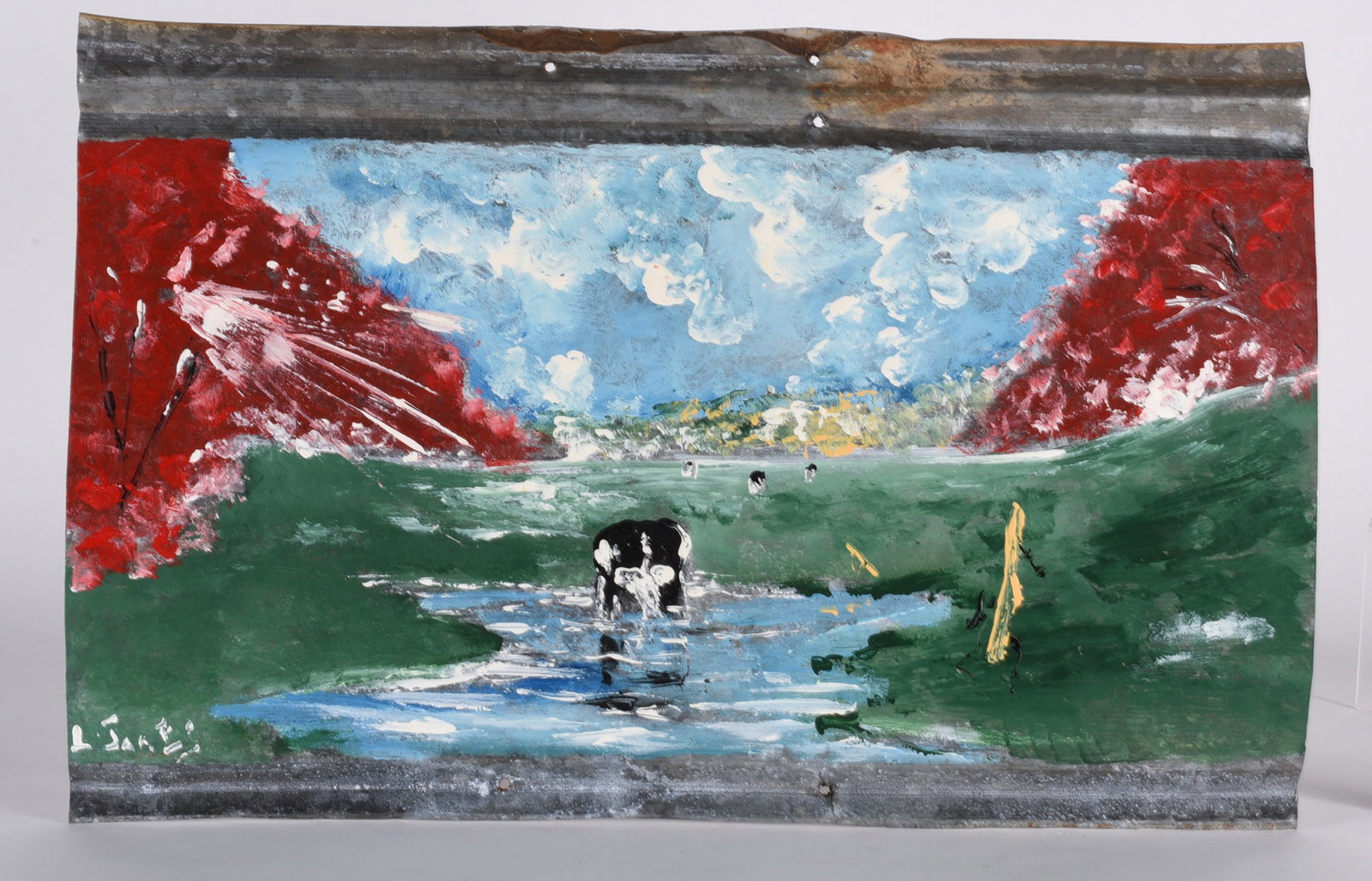 Leonard Jones Folk Art Painting: African American - Lincoln County, GA. His oil on tin and sometimes plywood paintings depicted an honest and personal portrayal of blacks in the South prior to integration. Leonard began painting at a