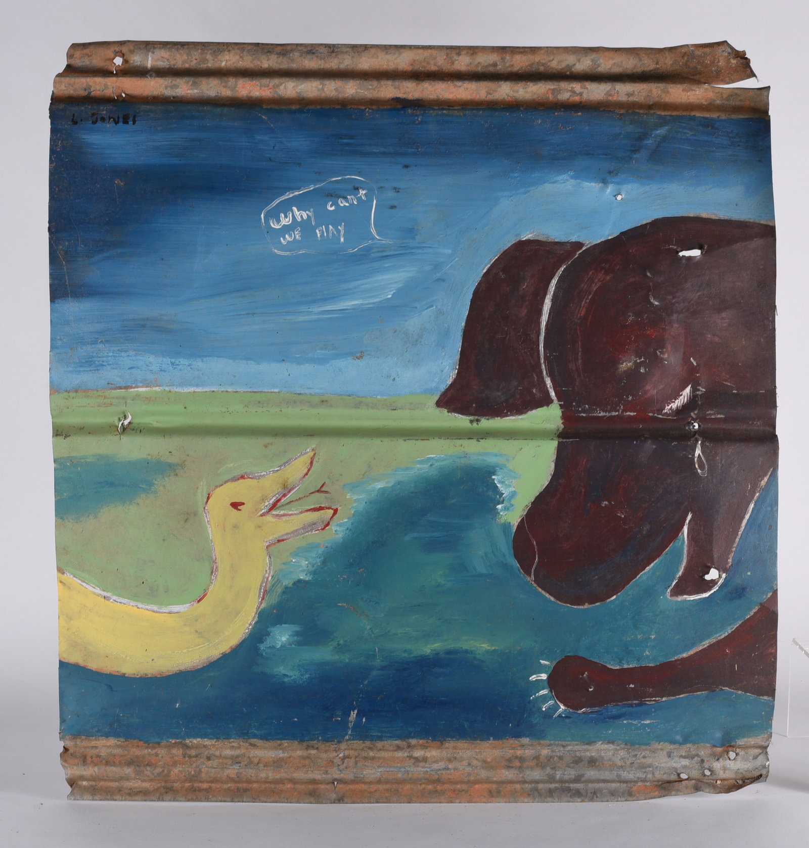 Leonard Jones Folk Art Painting: African American - Lincoln County, GA. His oil on tin and sometimes plywood paintings depicted an honest and personal portrayal of blacks in the South prior to integration. Leonard began painting at a