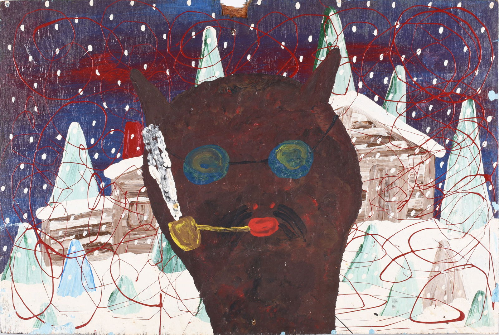 Wooden Folk Art Painting Double Sided: paint on wood board, a folky man with glasses smoking a pipe. Double sided.