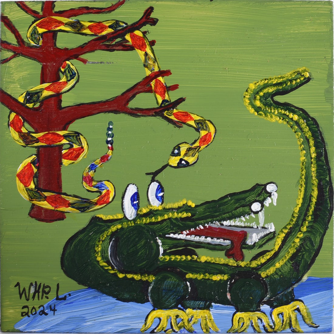 Wade Ledbetter Folk Art Painting: Painting on small wooden artist board. Wade Ledbetter born 1951 Elon, NC. Wade was a door knock picker since 1978 picking 4 days a weeks and selling at auction on Friday 48 weeks out of the year. Wade