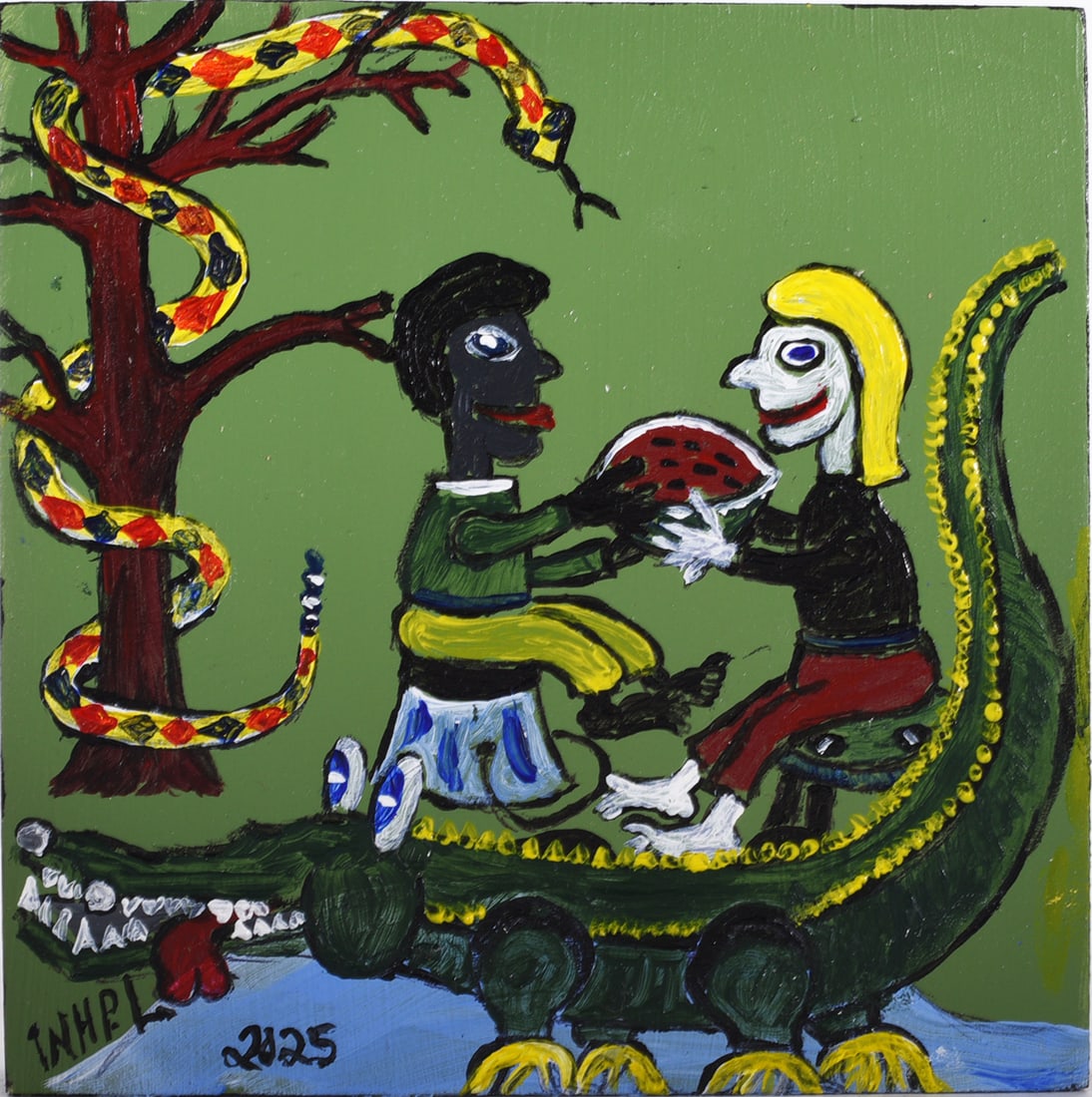 Wade Ledbetter Folk Art Painting: Painting on small wooden artist board. Wade Ledbetter born 1951 Elon, NC. Wade was a door knock picker since 1978 picking 4 days a weeks and selling at auction on Friday 48 weeks out of the year. Wade