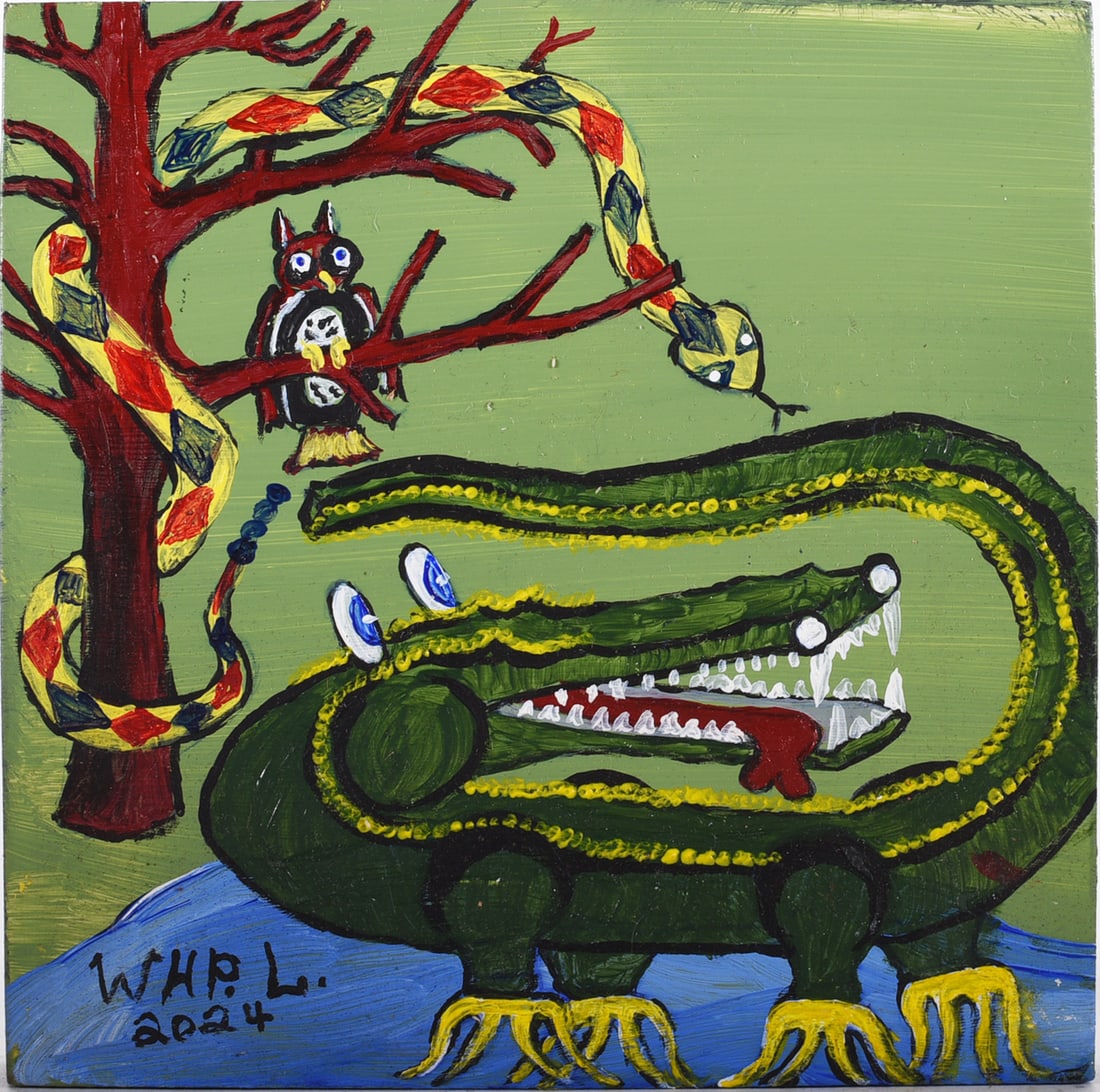 Wade Ledbetter Folk Art Painting: Painting on small wooden artist board. Wade Ledbetter born 1951 Elon, NC. Wade was a door knock picker since 1978 picking 4 days a weeks and selling at auction on Friday 48 weeks out of the year. Wade