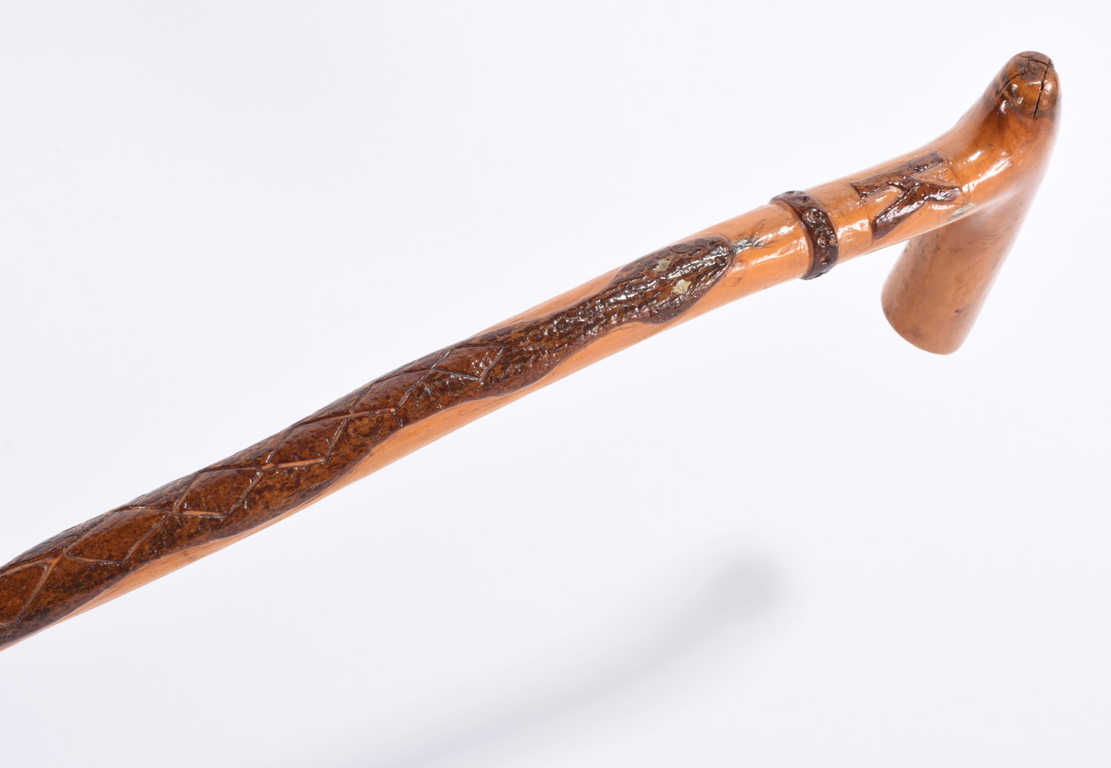 Folk Art Carved Cane: ca. 1940-1960 folk artved cane with snake and letters and the palm.
