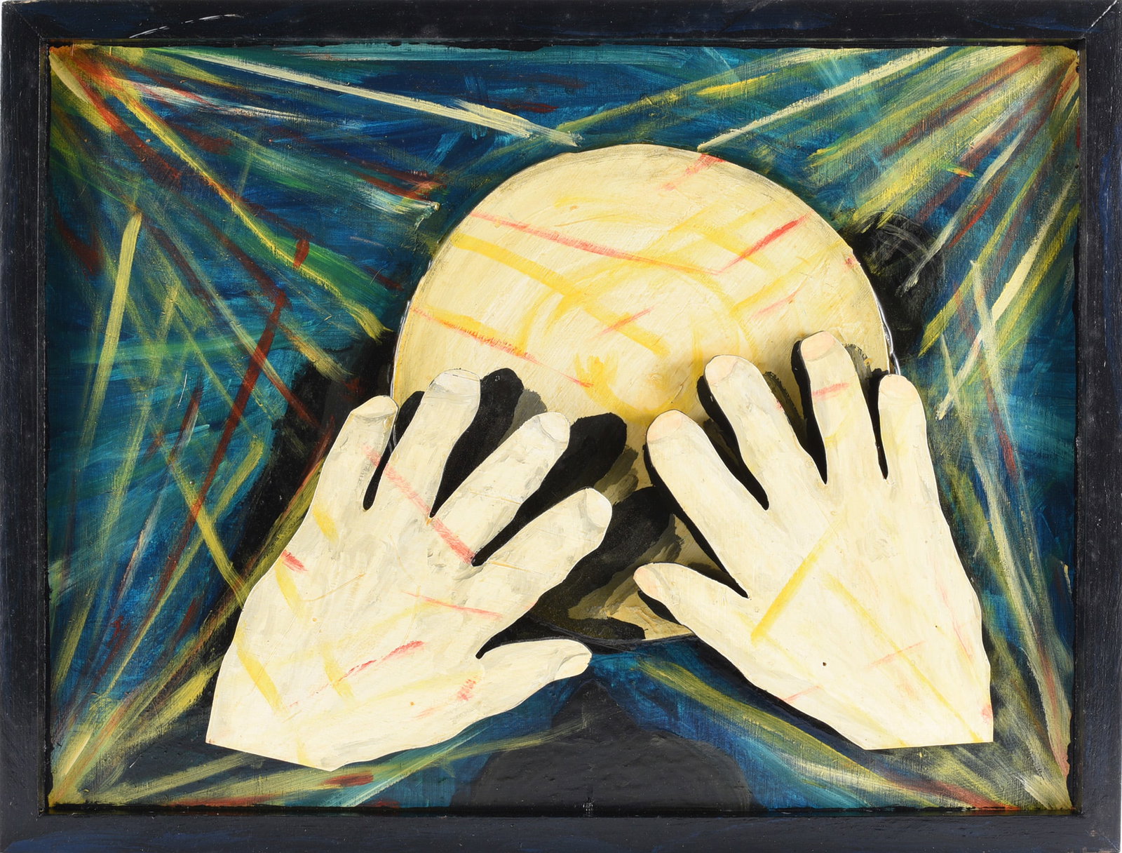 Dr. Richard Seed (1937 - 2021): wood cutout hands, paint on wood board, frame built by artist. Richard Seed was held a phd in parasiteology and worked an UNC Chapel Hill. He had a life long passion for the research and teaching of i