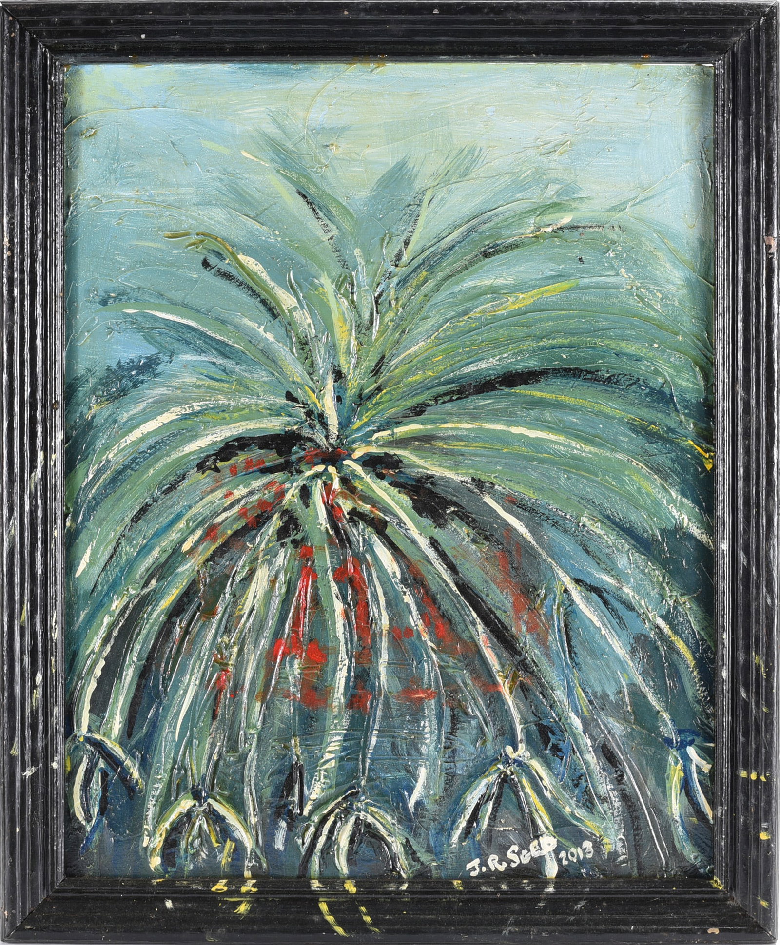 Dr. Richard Seed (1937 - 2021): paint on wood board, frame built by artist. Richard Seed was held a phd in parasiteology and worked an UNC Chapel Hill. He had a life long passion for the research and teaching of infectious disease. 