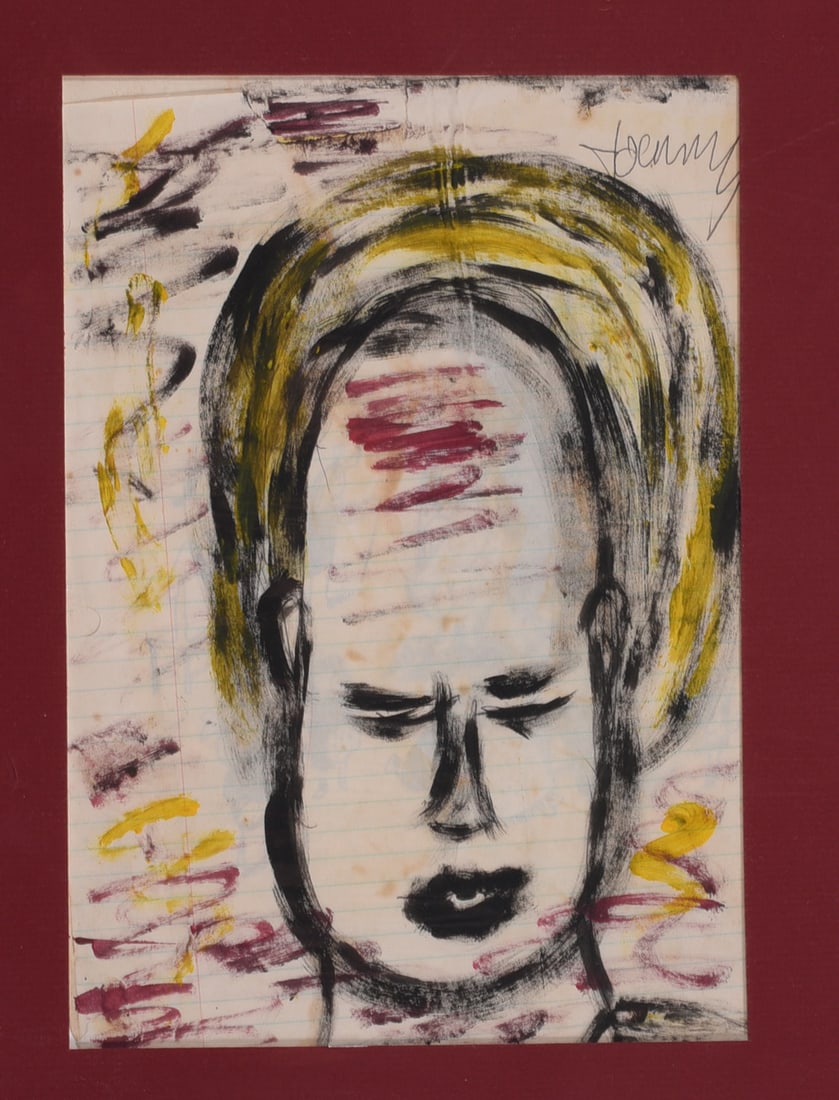 Purvis Young (1943 - 2010): original painting by Purvis Young, originally acquired from Purvis mid 1990s. Paint on paper and mated in a red mat.