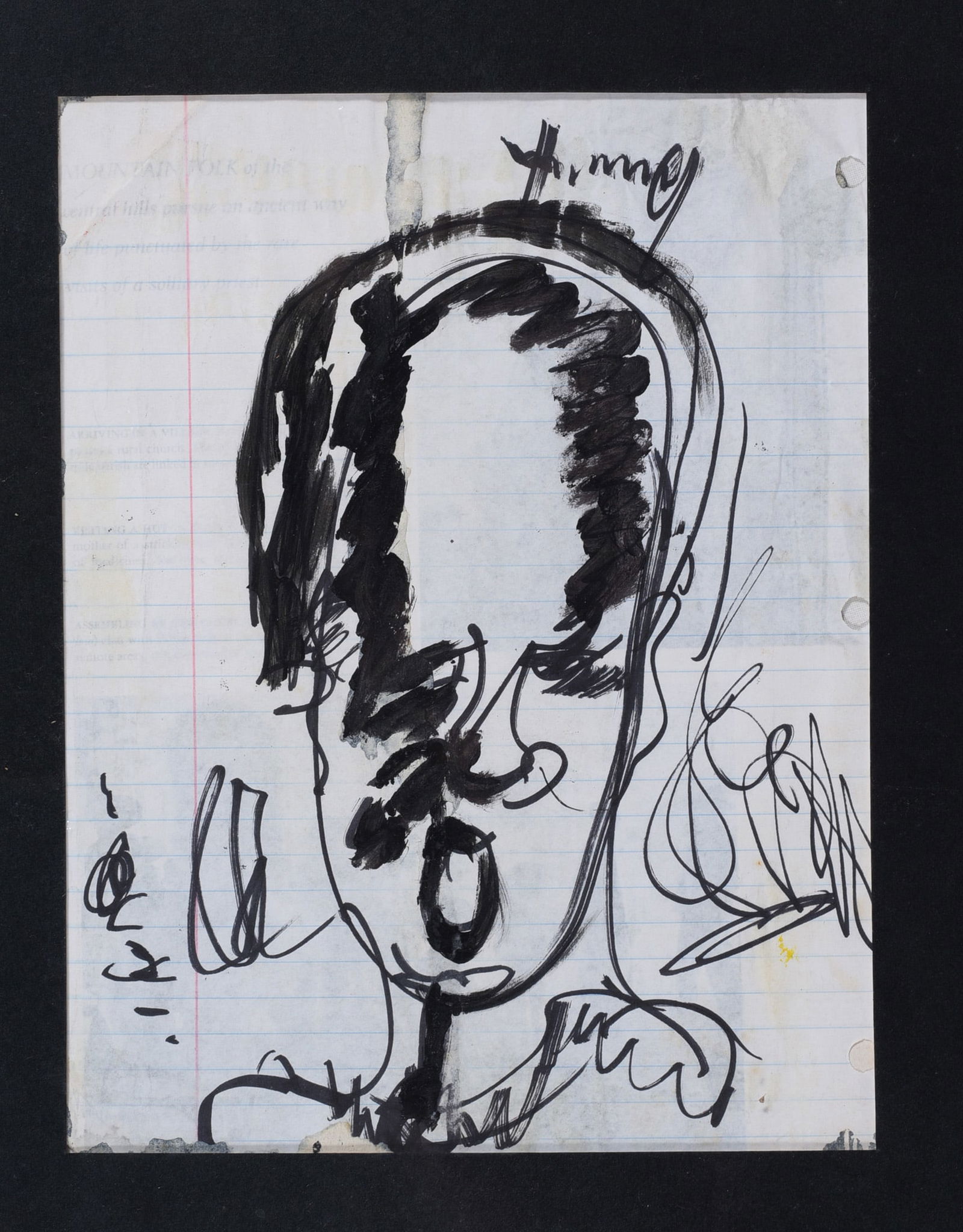 Purvis Young (1943 - 2010): marker and paint on paper, matted in a black mat. Not framed. original painting by Purvis Young, originally acquired from Purvis mid 1990s.