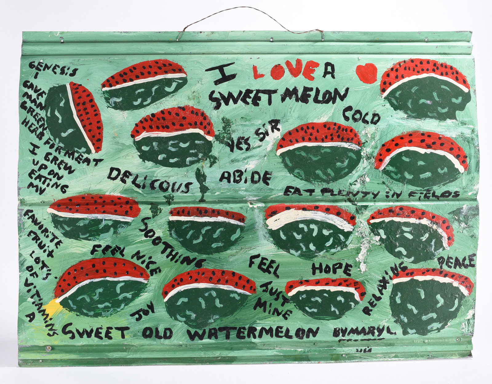 Mary Proctor Folk Art Painting: an outstanding painting on roof tin by Mary Proctor. Thick paint with a verse on the back. Signed.
