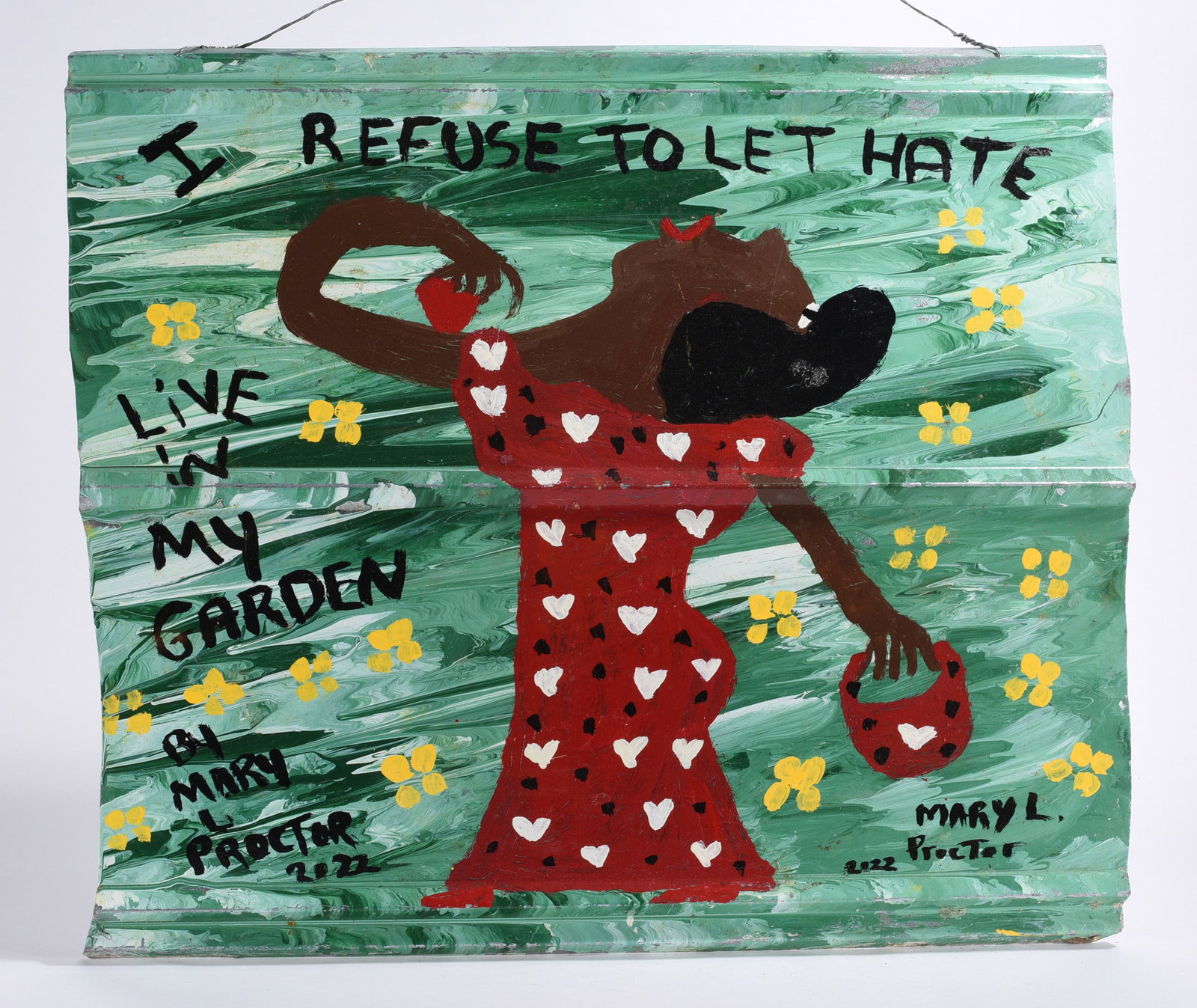 Mary Proctor Folk Art Painting: an outstanding painting on roof tin by Mary Proctor. Thick paint with a verse on the back. Signed.