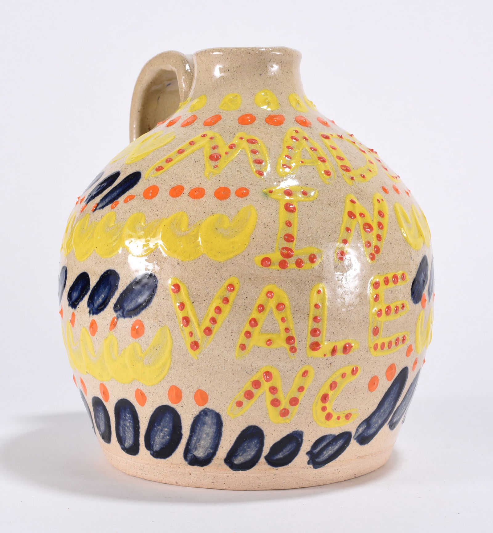 Dale Costner Folk Art Pottery Jug: slip decorated jug very very folky! 7" All items can be in house shipped to get in house shipping select SELF ARRANGE. Shipping takes 3 weeks or less but up to 3 weeks.