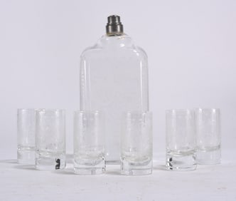 Decorated Half Post Flask Bottle w/ Glasses ca. 1900