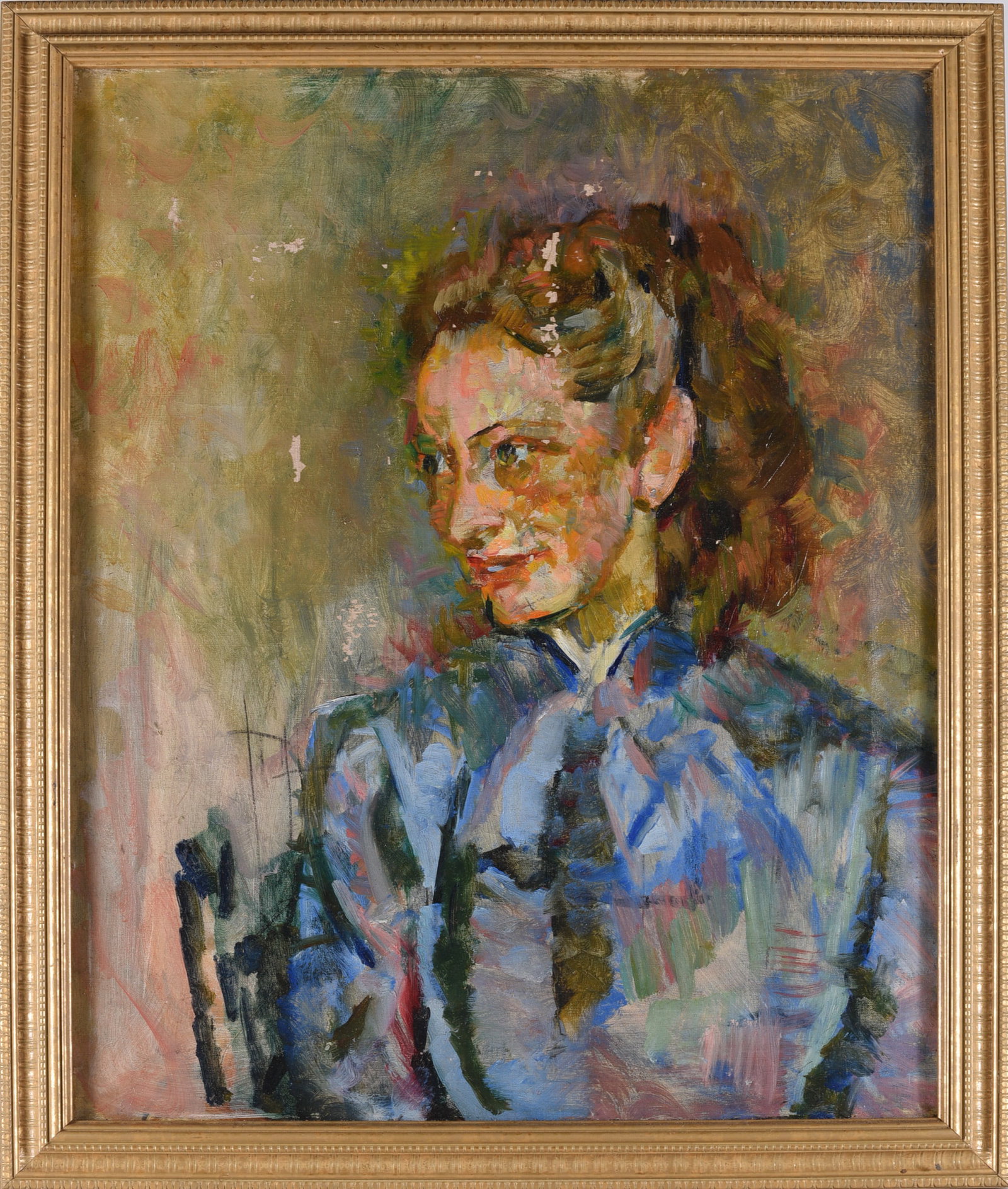 Oil on Canvas of Woman: ca. 1940-1960 oil on canvas. paint lift in the hair area. Framed. 22"x27"