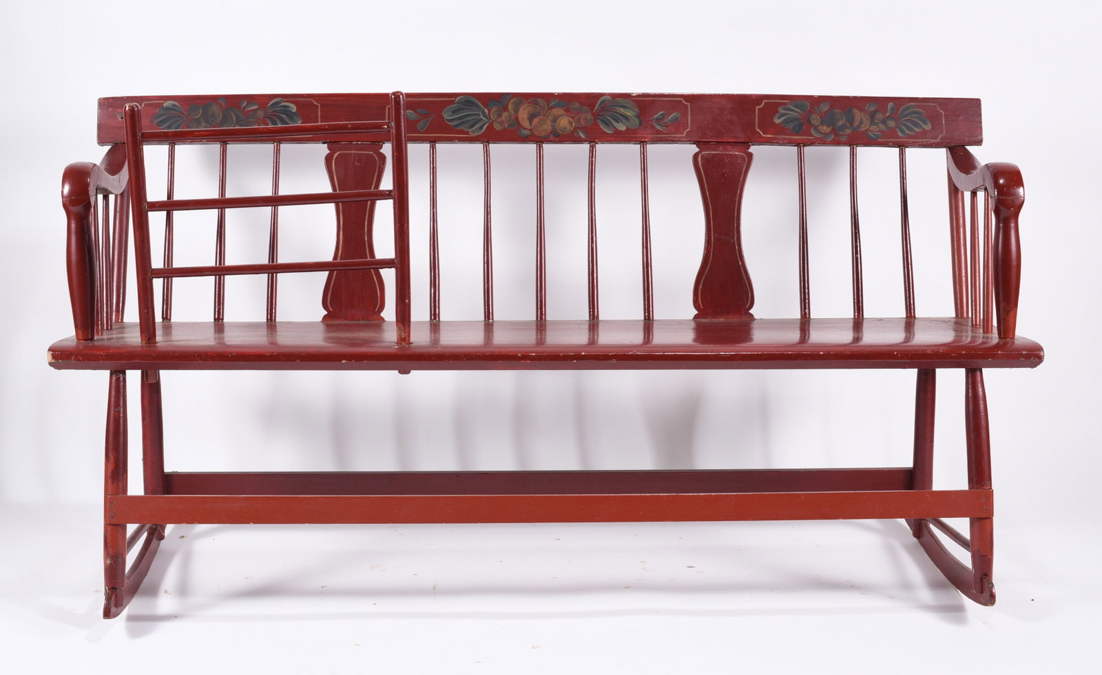American Windsor Mammy Bench: height 30", 58"x15" red painted Mammy Bench.