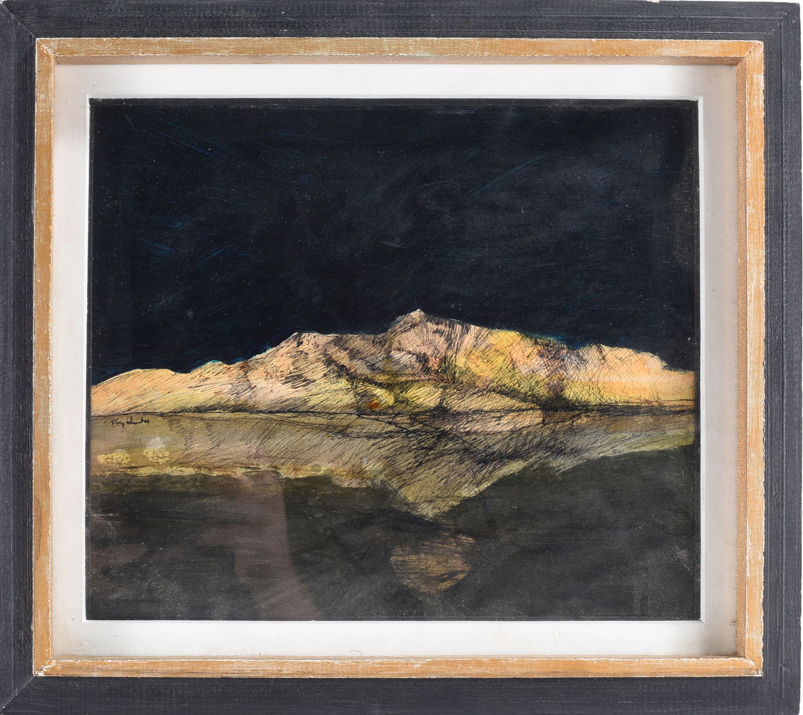The Golden Mountain dated 1966: framed. 16"x14" Appears to be original watercolor and pen on paper. Sighed mid Left