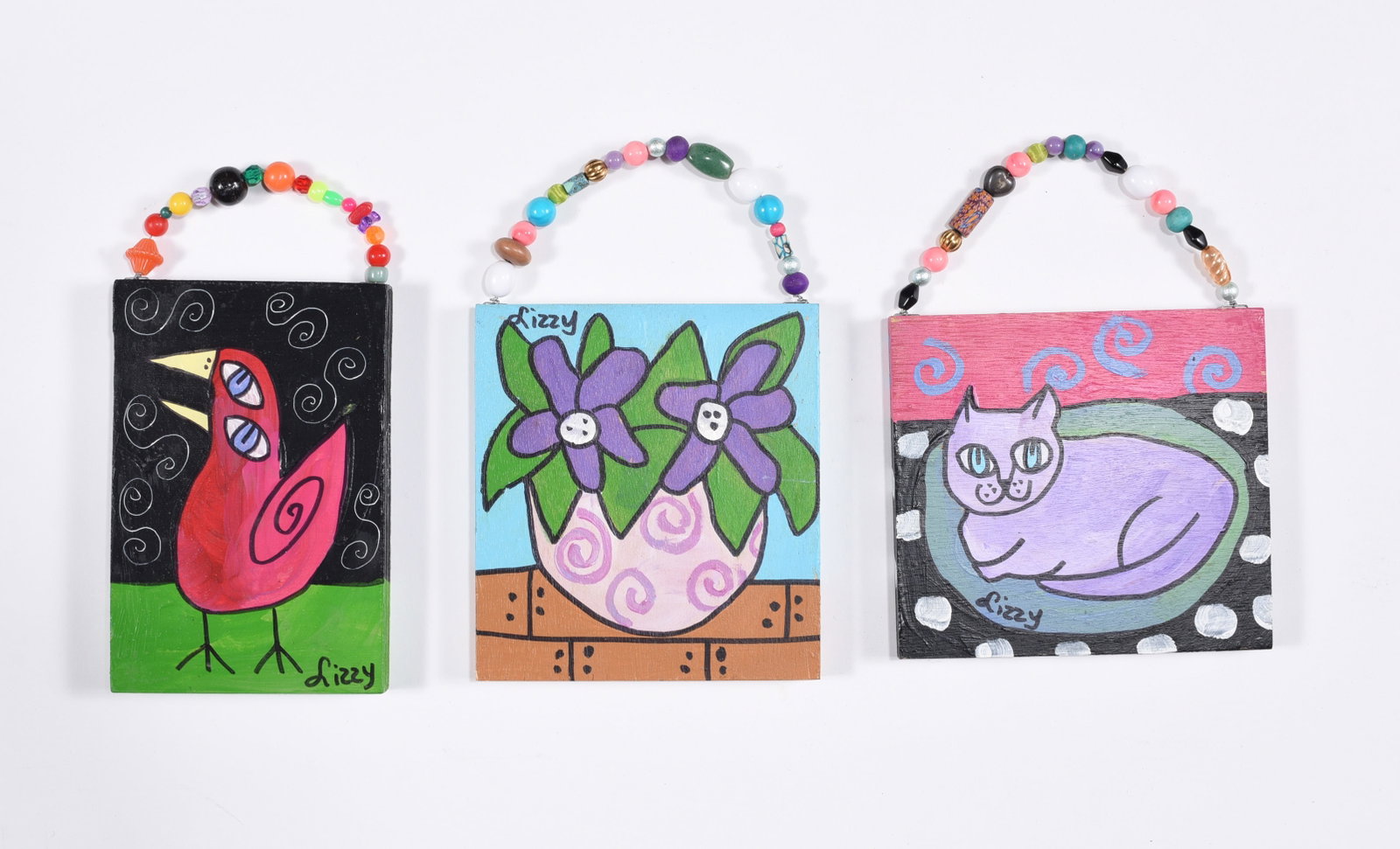 Folk Art Paintings by Lizzy Williams: Average size 5"x5" paint on wood, signed.