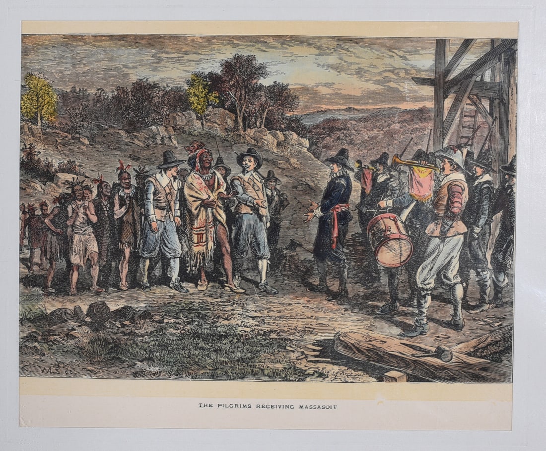 The Pilgrims Receiving Massasoit Lithograph: antique lithograph, matted not framed. Site 8"x6.5"