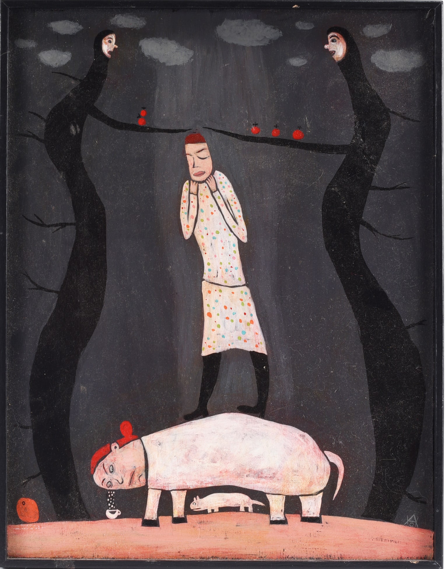 Alison O'donoghue Folk Painting on Wood: paint on wood, framed. Signed lower right. 12"x16"