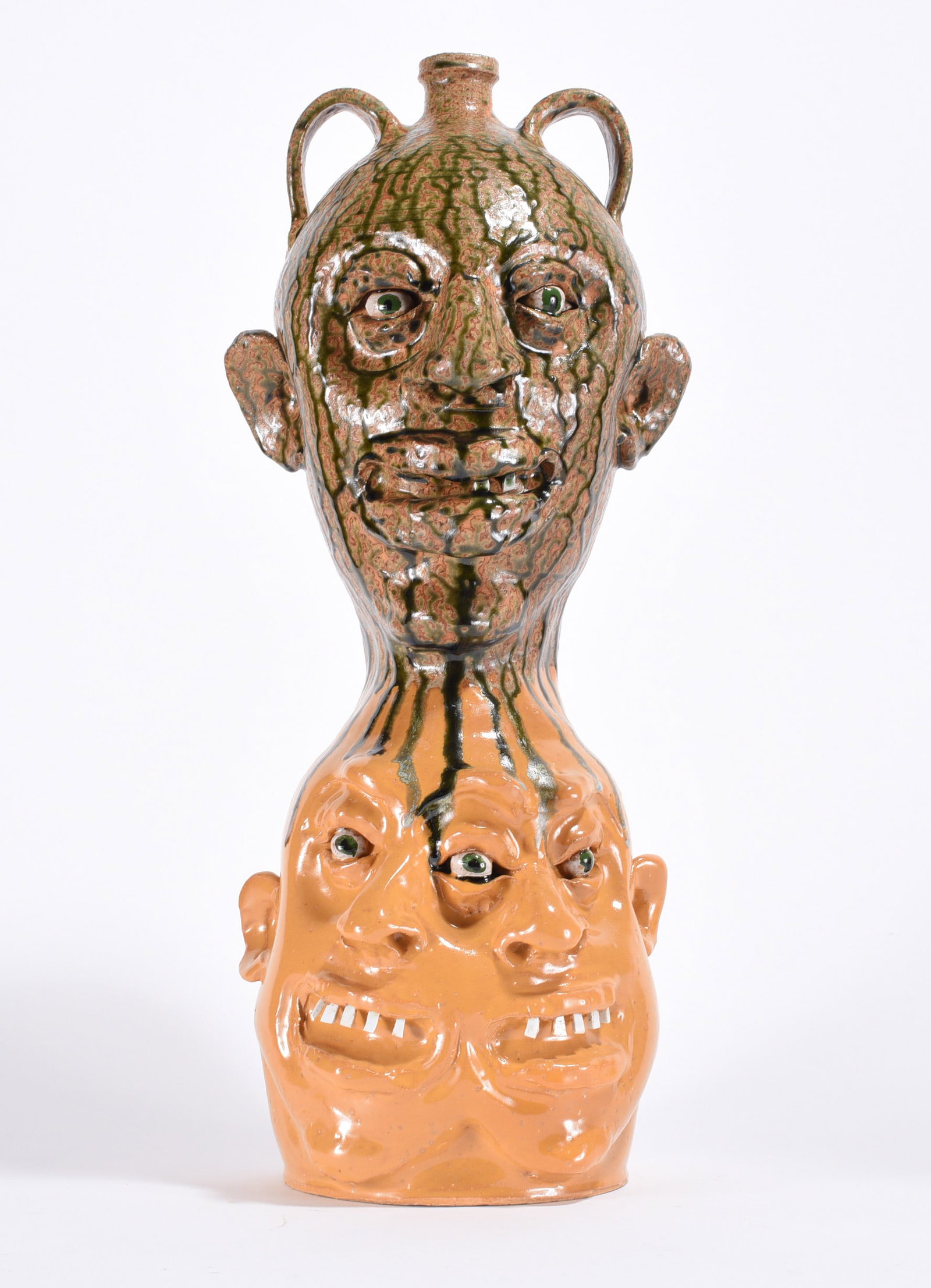 Marvin Bailey Totem Face Jug: 20.5" - a very large face jug formation by Marvin Bailey. This totem style face jug seems to be a rare form for Marvin. The top alkaline glaze dripping down to the bottom head. Which has a siamese twi