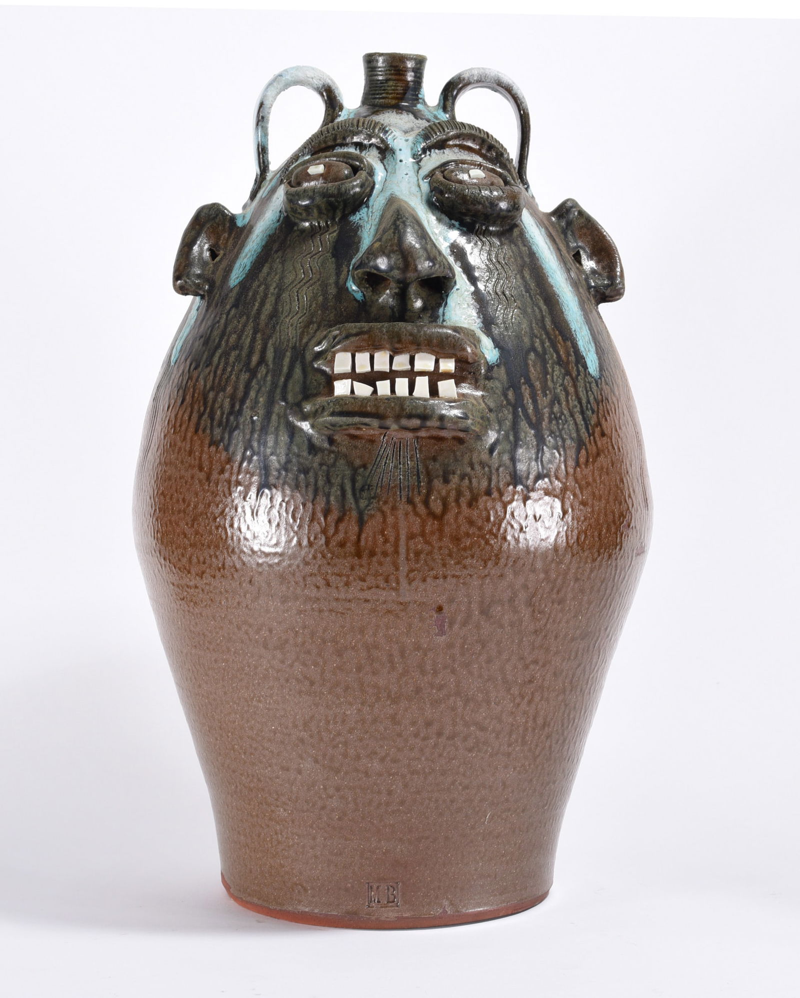 Marvin Bailey LARGE Face Jug: at 21" this is as big as they get with Marvin Bailey. This one is extra large! An early face jug with a double row of china plate teeth. The base of the eye is clay and the centers are a piece of chin