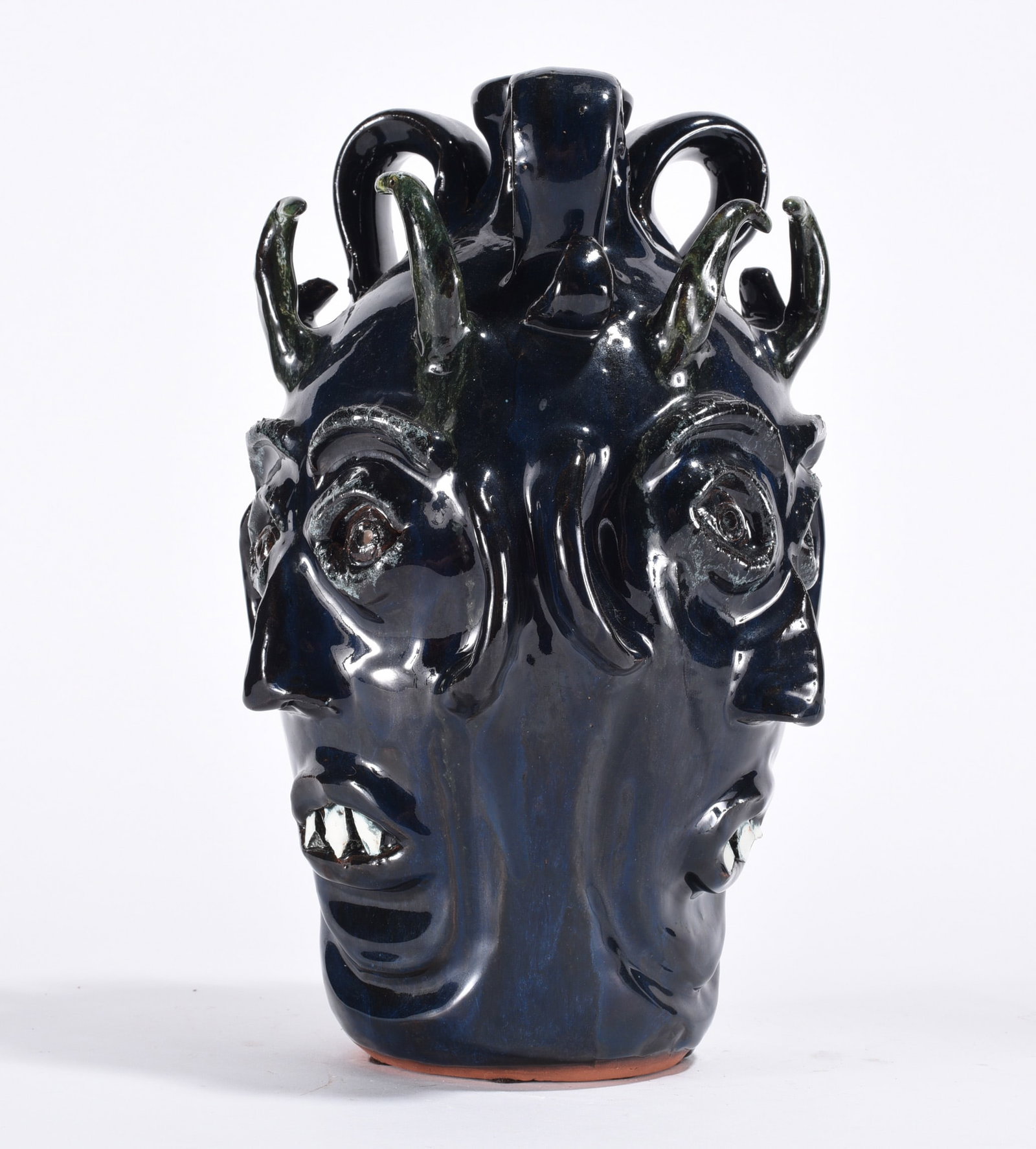 Bobby Ferguson Tripple Devil Face Jug: 10" - tripple face jug in the devil form. China plate teeth and clay eyes. Signed on bottom.