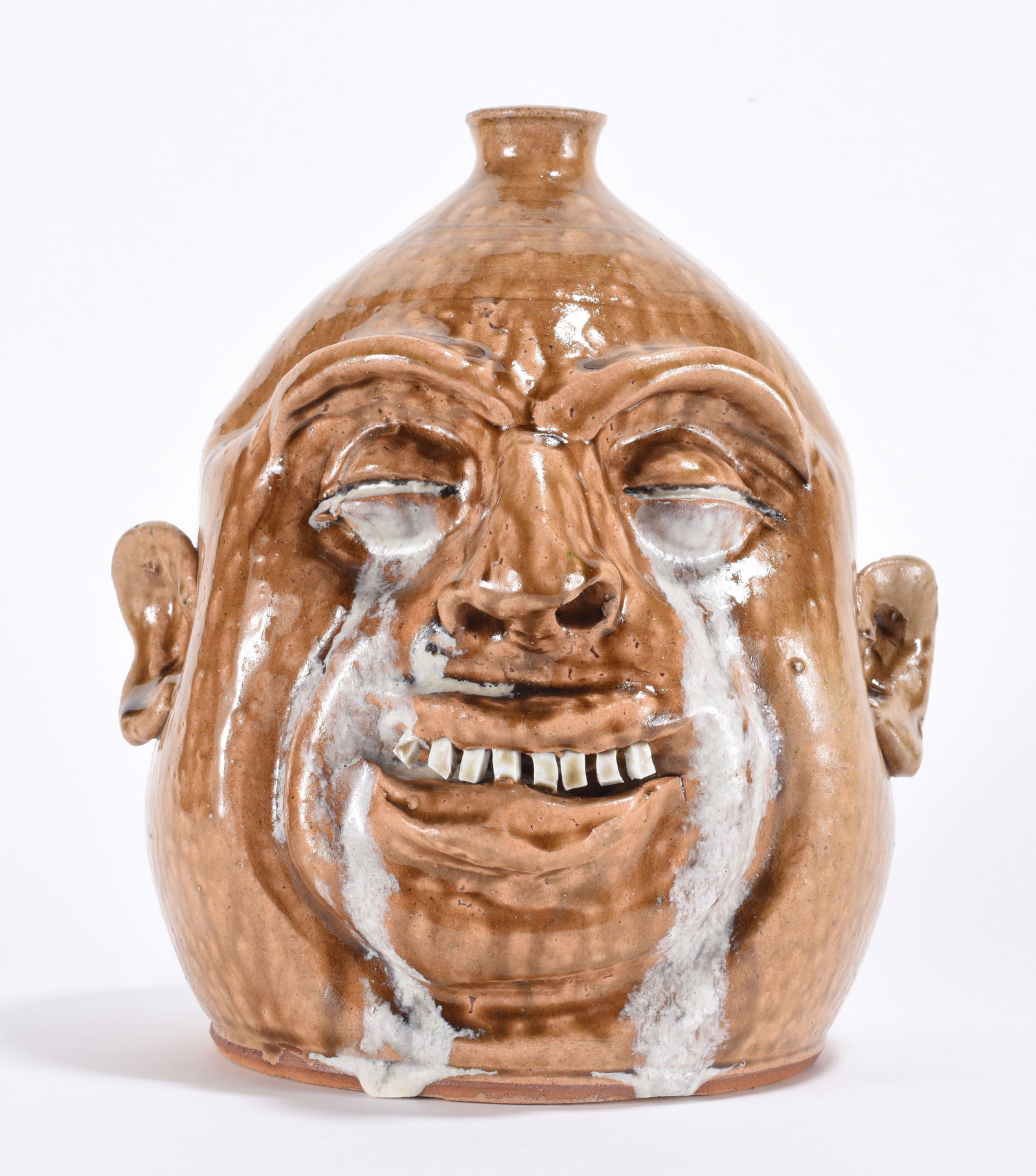 Marvin Bailey Crying Eye Face Jug: 10" - crying eye face jug by Marvin Bailey. Single row of china plate teeth. Signed on bottom. Fantastic facial features molded into the clay.