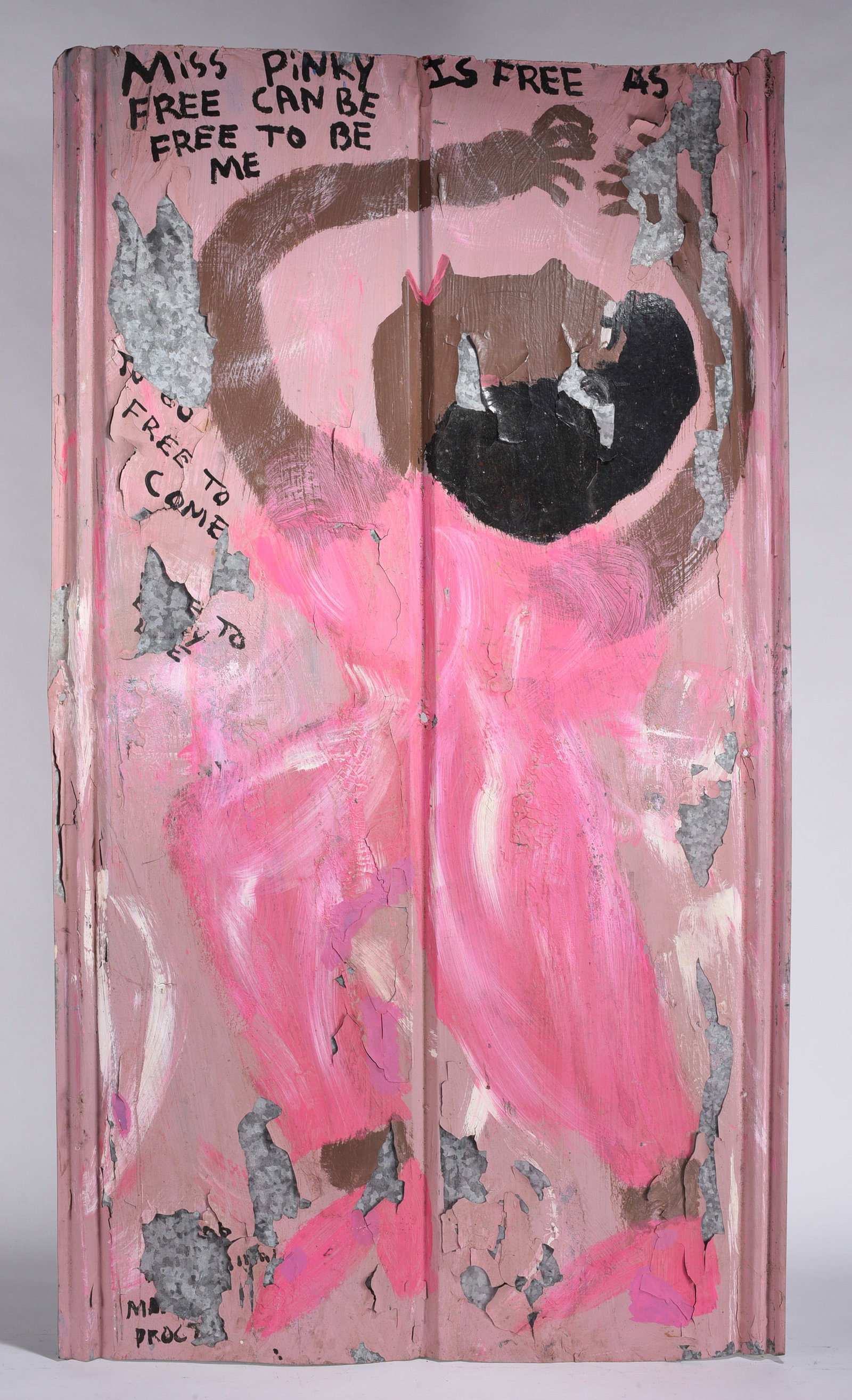 Mary Proctor Folk Art Painting: paint on roof tin. This is an older painting by Mary and has seen the outside at her Environment and has paint chipping off. Mary is a visionary artist that lives in Florida and has painted thousands 