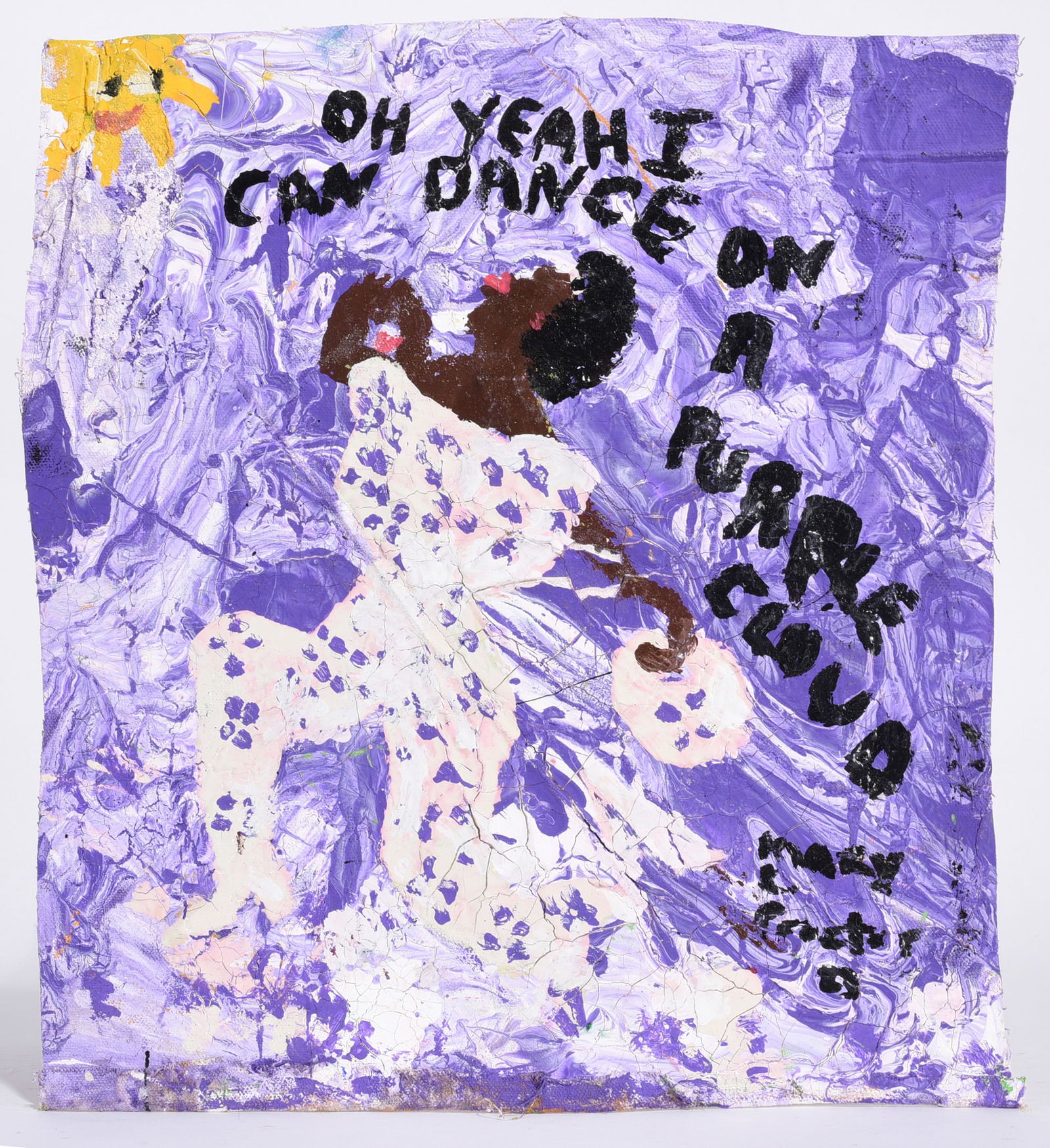 Mary Proctor Folk Art Painting: paint on denim fabric. Very heavy fabric. Mary is a visionary artist that lives in Florida and has painted thousands of works on plywood, rooftin, denim, doors, and other found objects. She is an arti