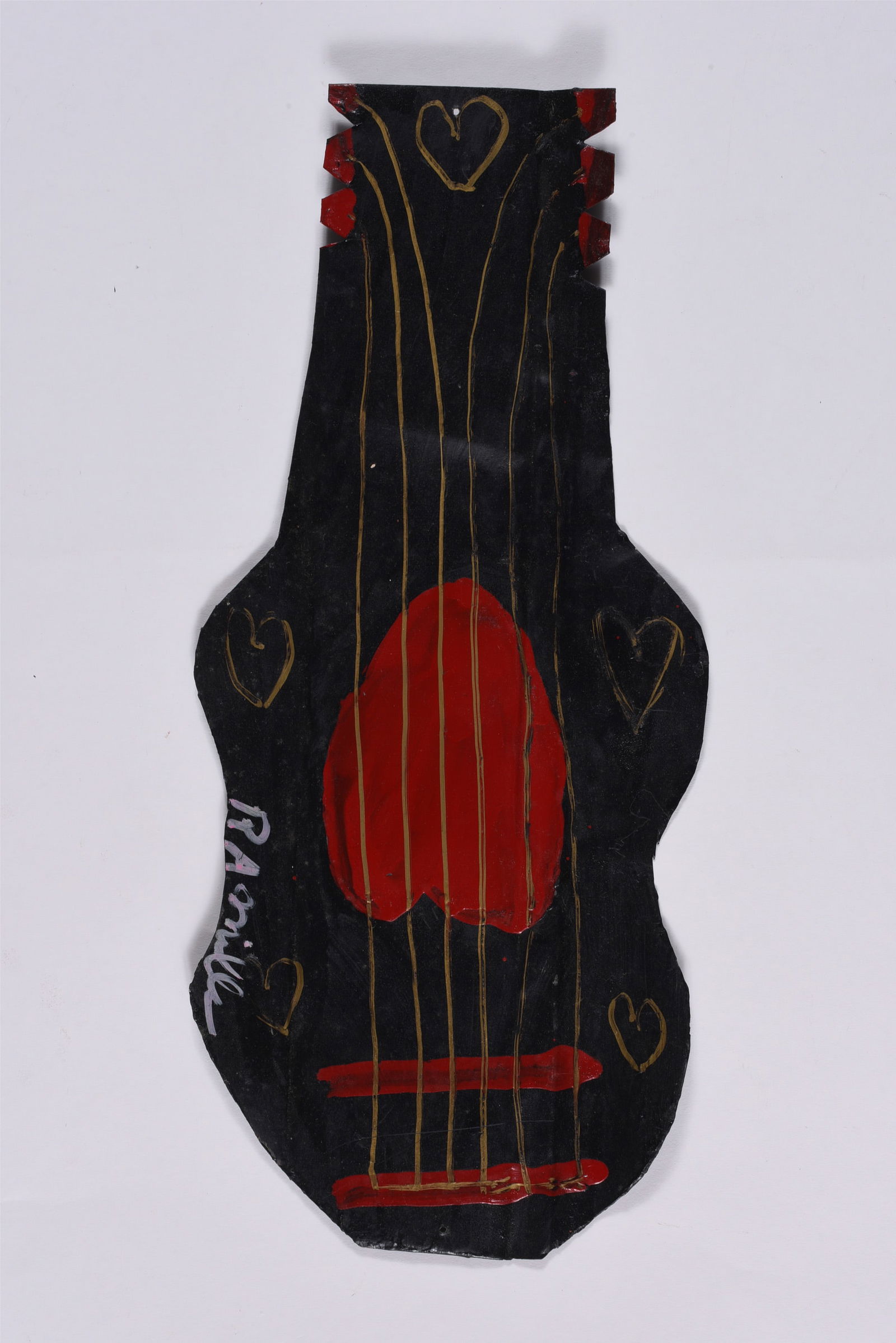 RA Miller Folk Art Tin Cutout: RA Miller (1912 - 2006) a semi rare cutout of a musical instrument. Cut tin and paint. RA Miller was from Rabbittown GA. and created thousands of cut out tins and drawings on wood and other material.