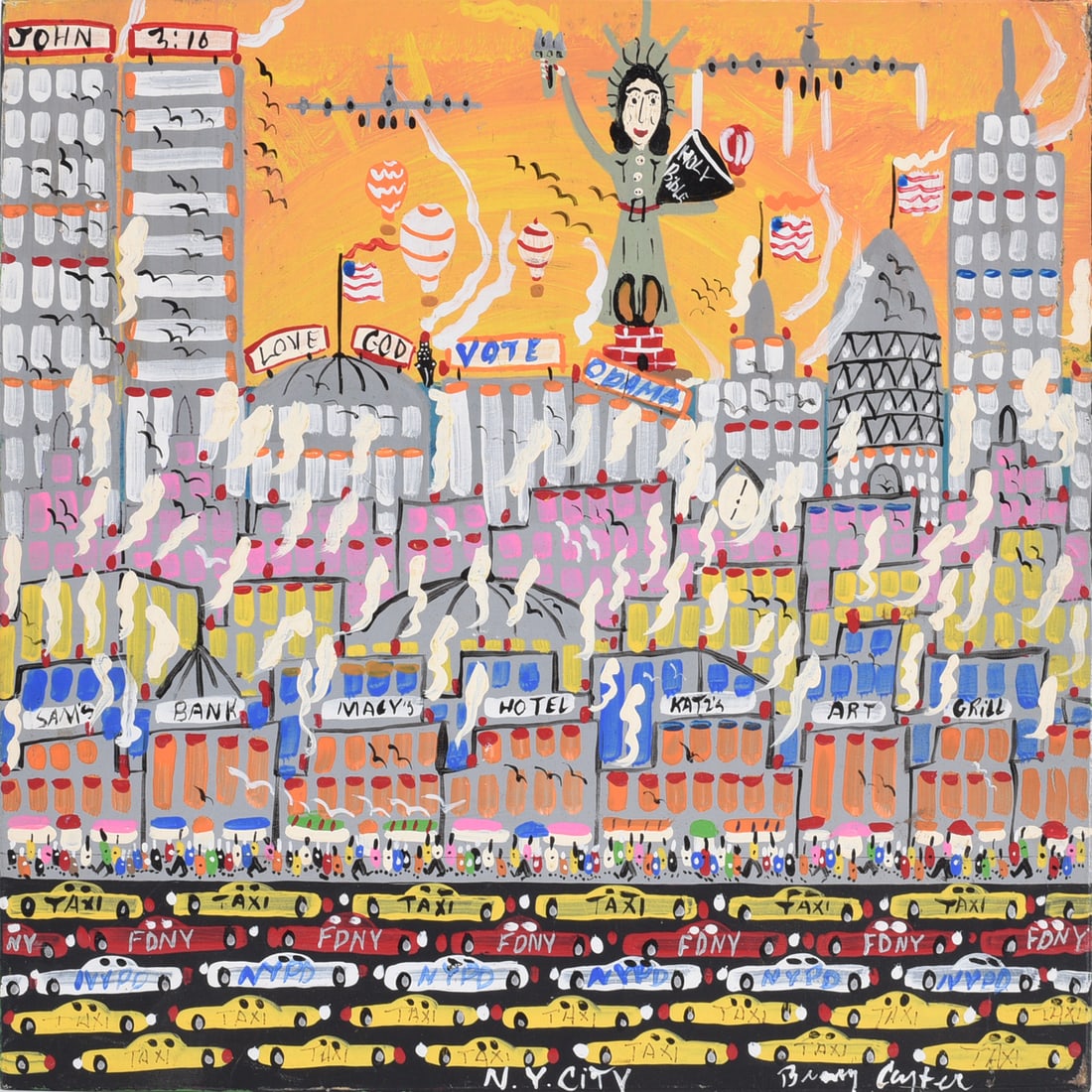 Benny Carter Folk Art Painting: painting on wood object board. Signed lower right. Ca. 2000. From 1993 to 2014 he created over 10,000 works of art from environmental art to his wonderful New York City paintings.