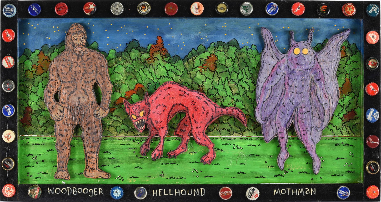 Eric Cunningham Folk Art Painting: cut out wood and paint, framed made by artist.