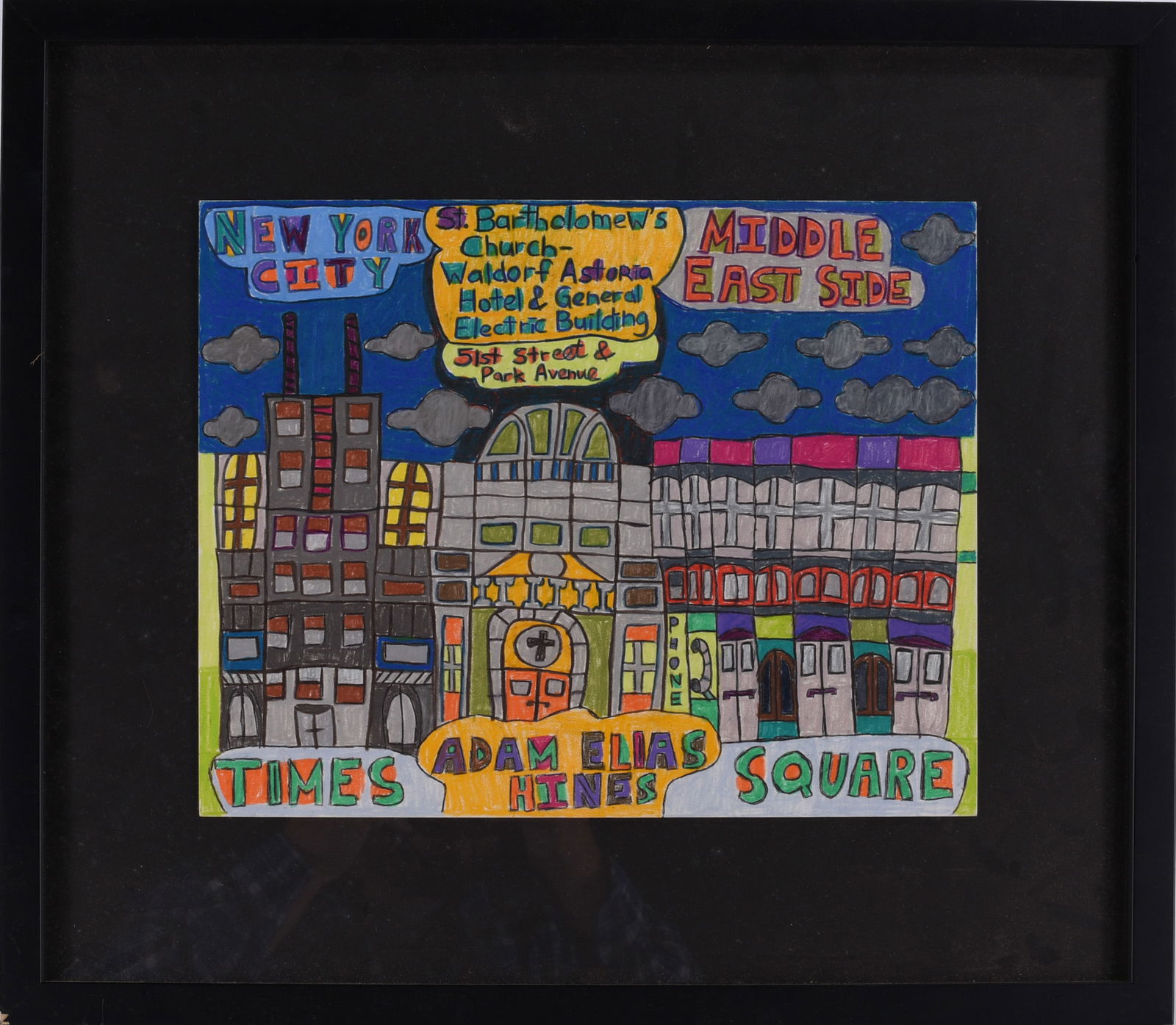 Folk Art Drawing on Paper by Adam Hines: Painting by Adam Hines (b. 1985) African-American folk artist who depicts in color pencil and marker what he has coined “The World Tour” – an extensive listing of places, people, animals and
