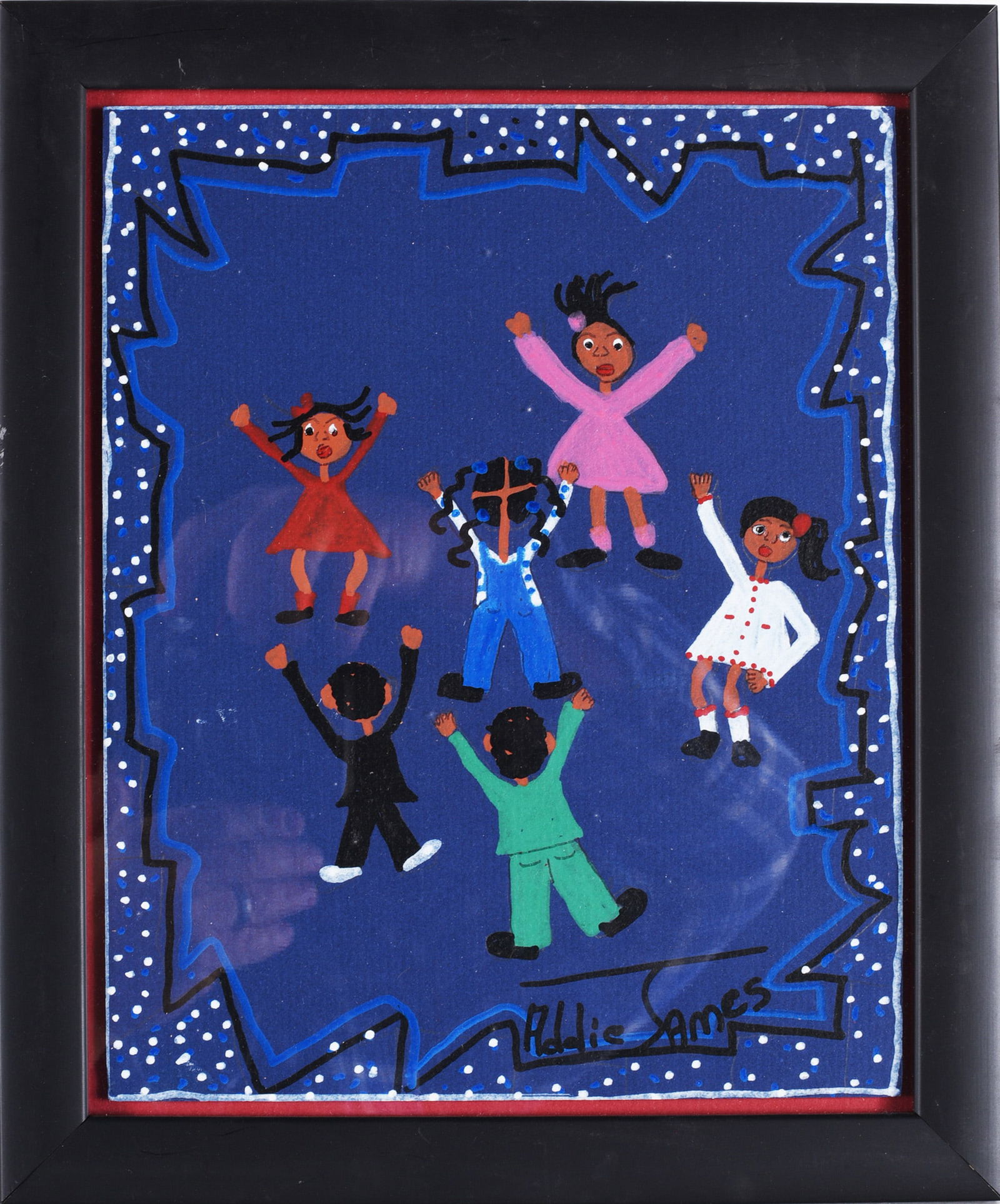 Addie James Self Taught Artwork: mixed media on artist board. Signed lower right. Framed.