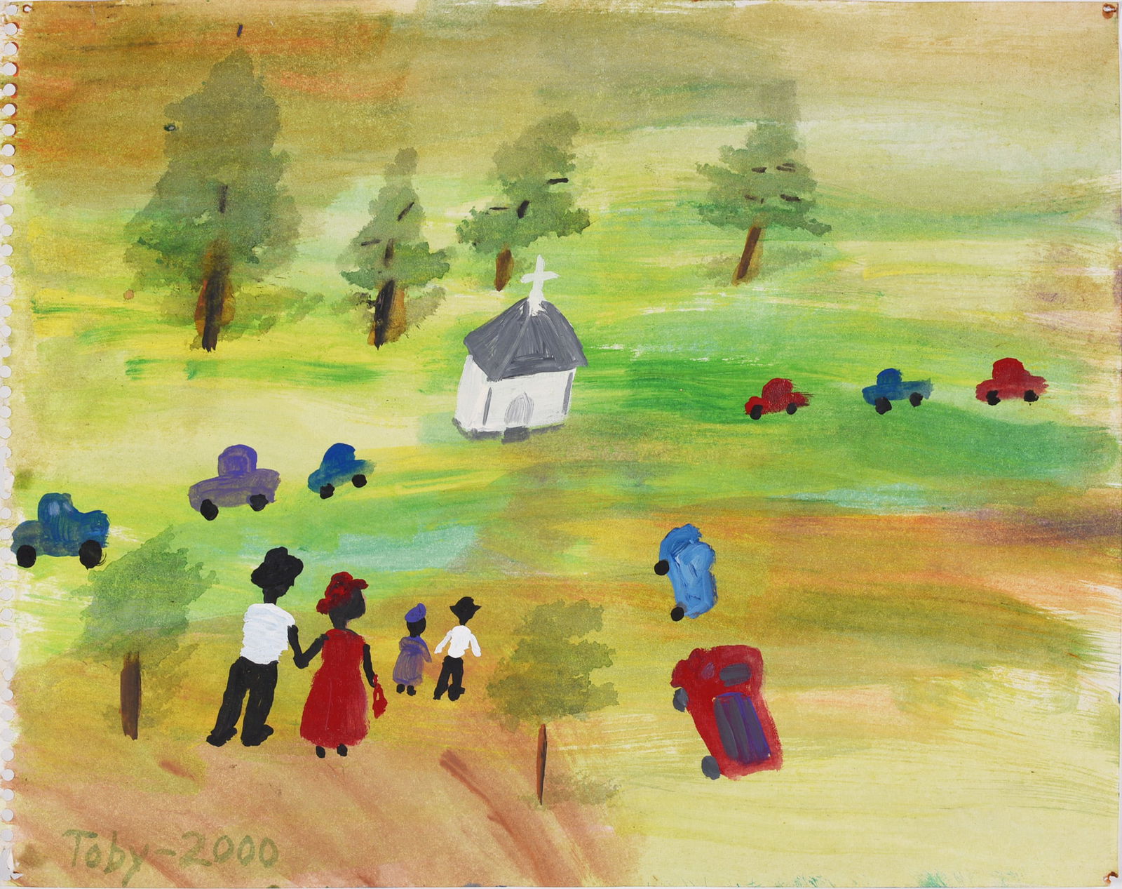 Toby Folk Art Painting: water color and paint on paper. Signed.