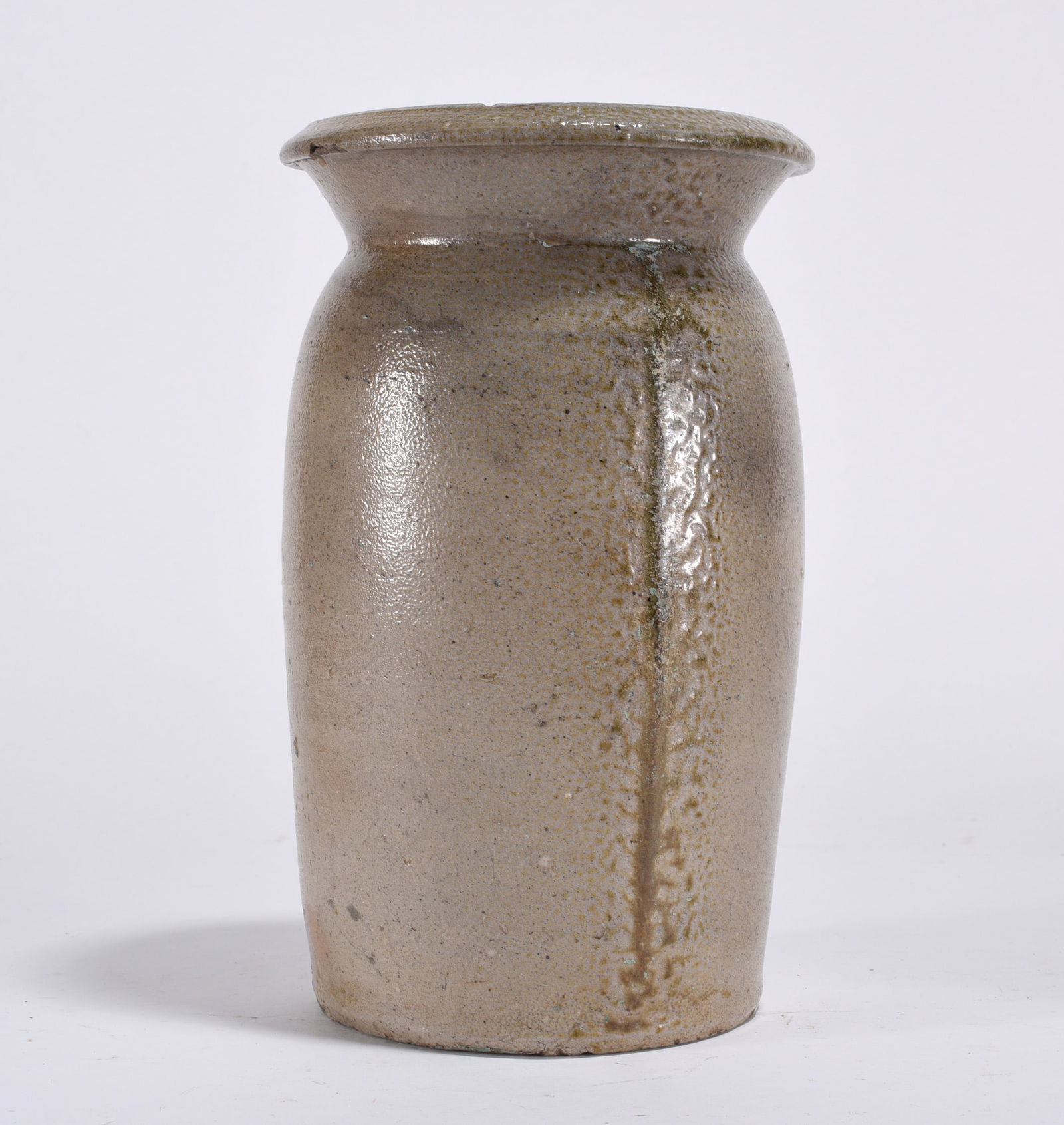 Piedmont North Carolina Salt Glaze jar ca. 1860: salt glaze jar with salt run down the body. Ca. 1860 with flared rim.