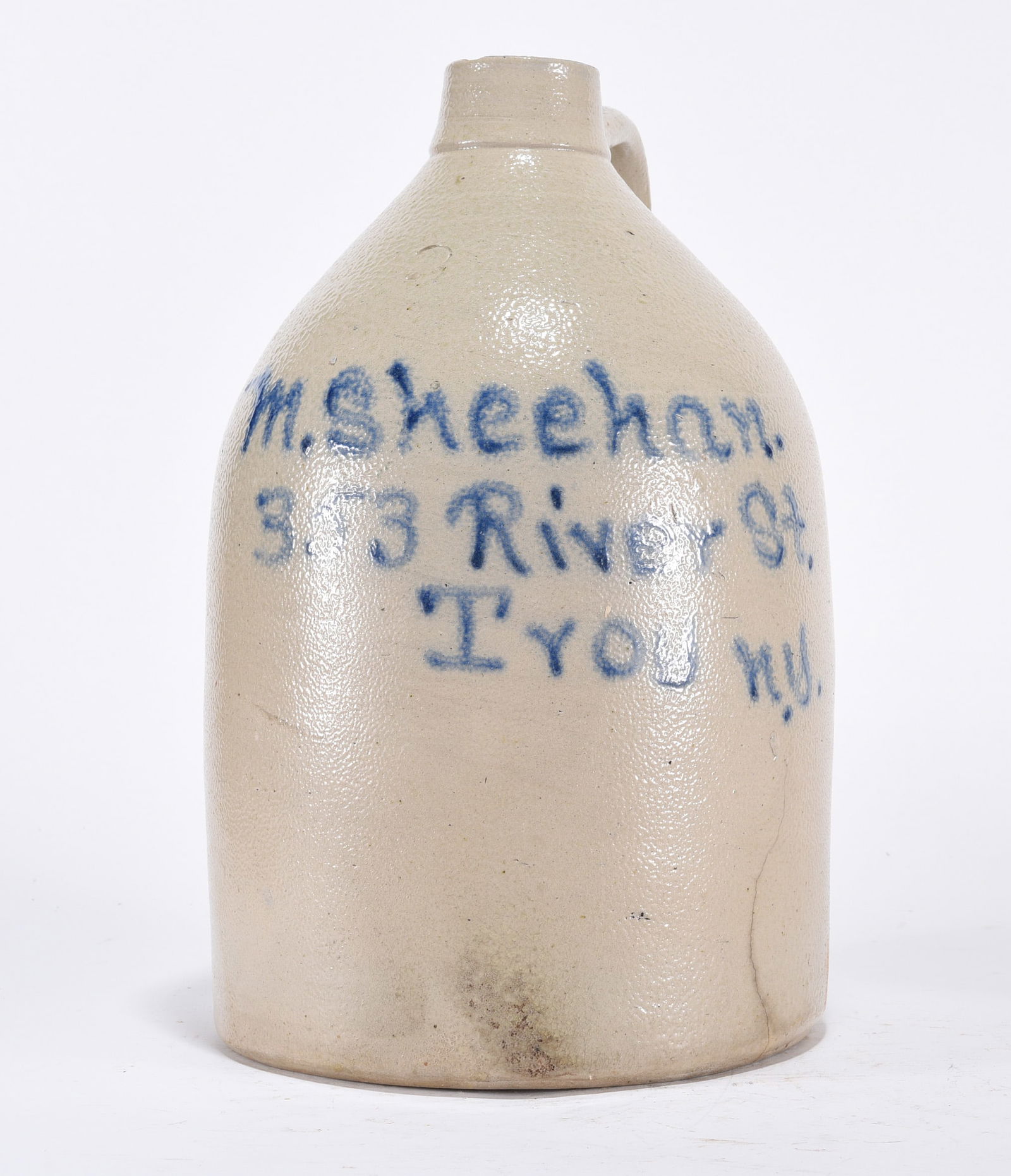 M. Sheehan Troy New York Stoneware Jug: Blue signed jug. "M. Sheehan" of Troy New York.