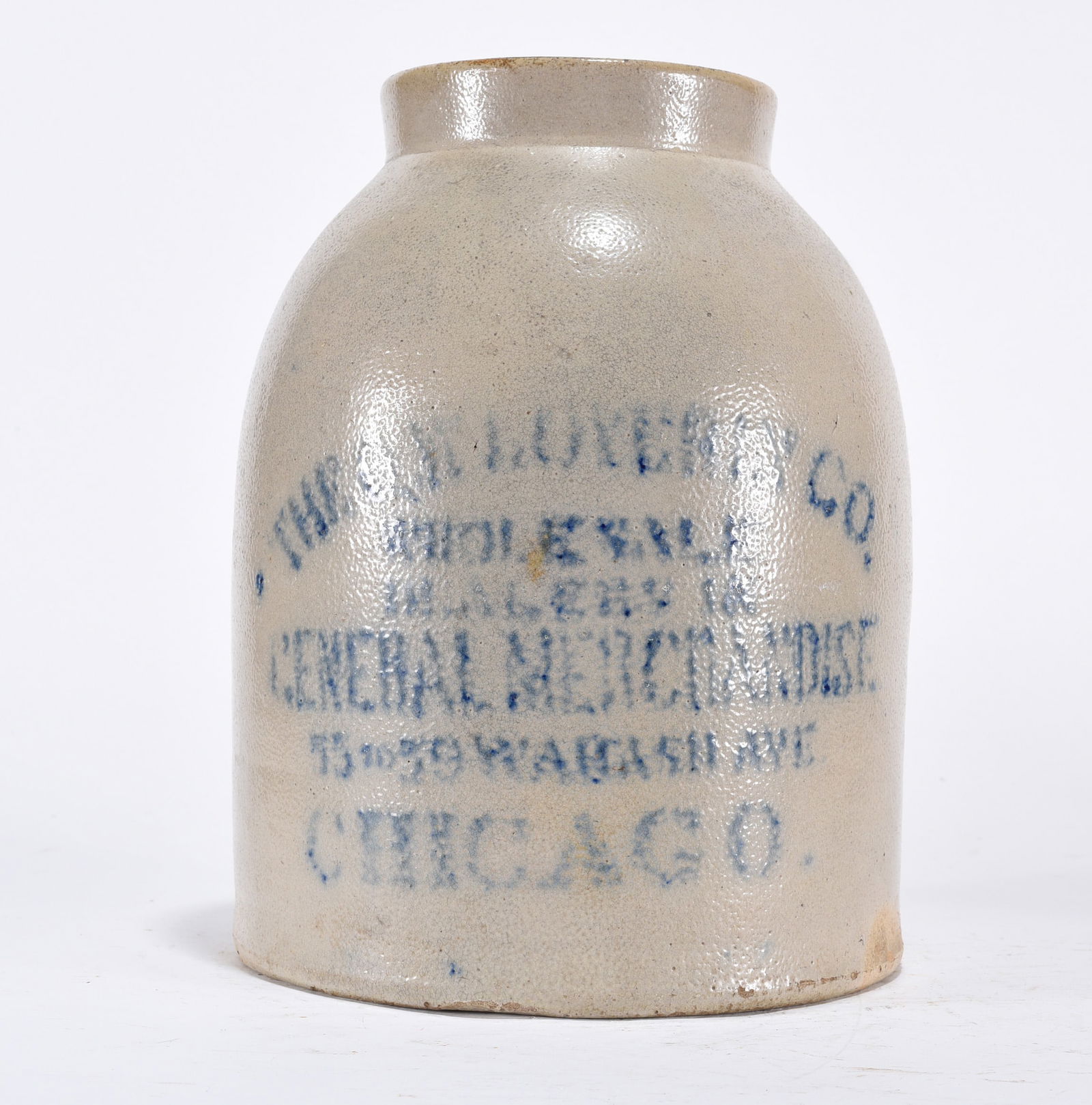 General Merchandise Chicago Blue Lettered Jar: Blue lettered advertisement jar.