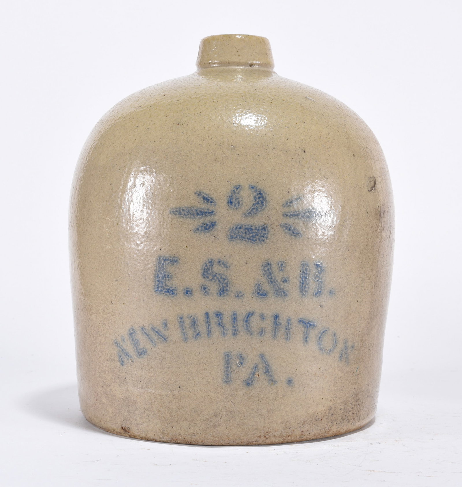 ES & B New Brighton PA Blue Decorated Jug: Blue lettered jug. E.S. & B. New Brighton, Pa. 2 gallon.