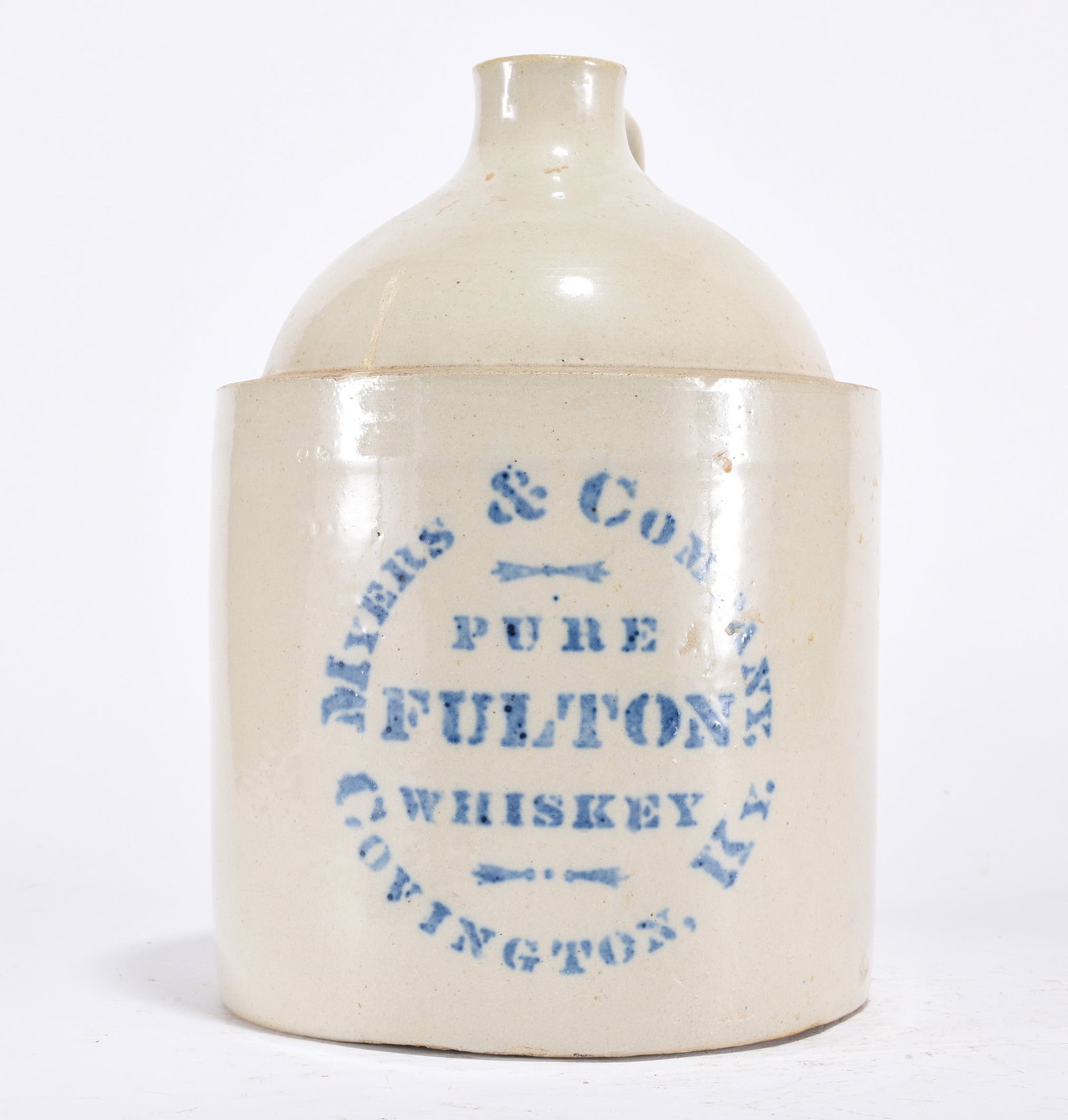 Myers & Co. Covington, Kentucky Whiskey Jug: Blue letter jug. "MYERS & COMPANY PURE FULTON WHISKEY COVINGTON, KY."