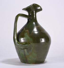 Green Pottery Pitcher - Unusual Handle
